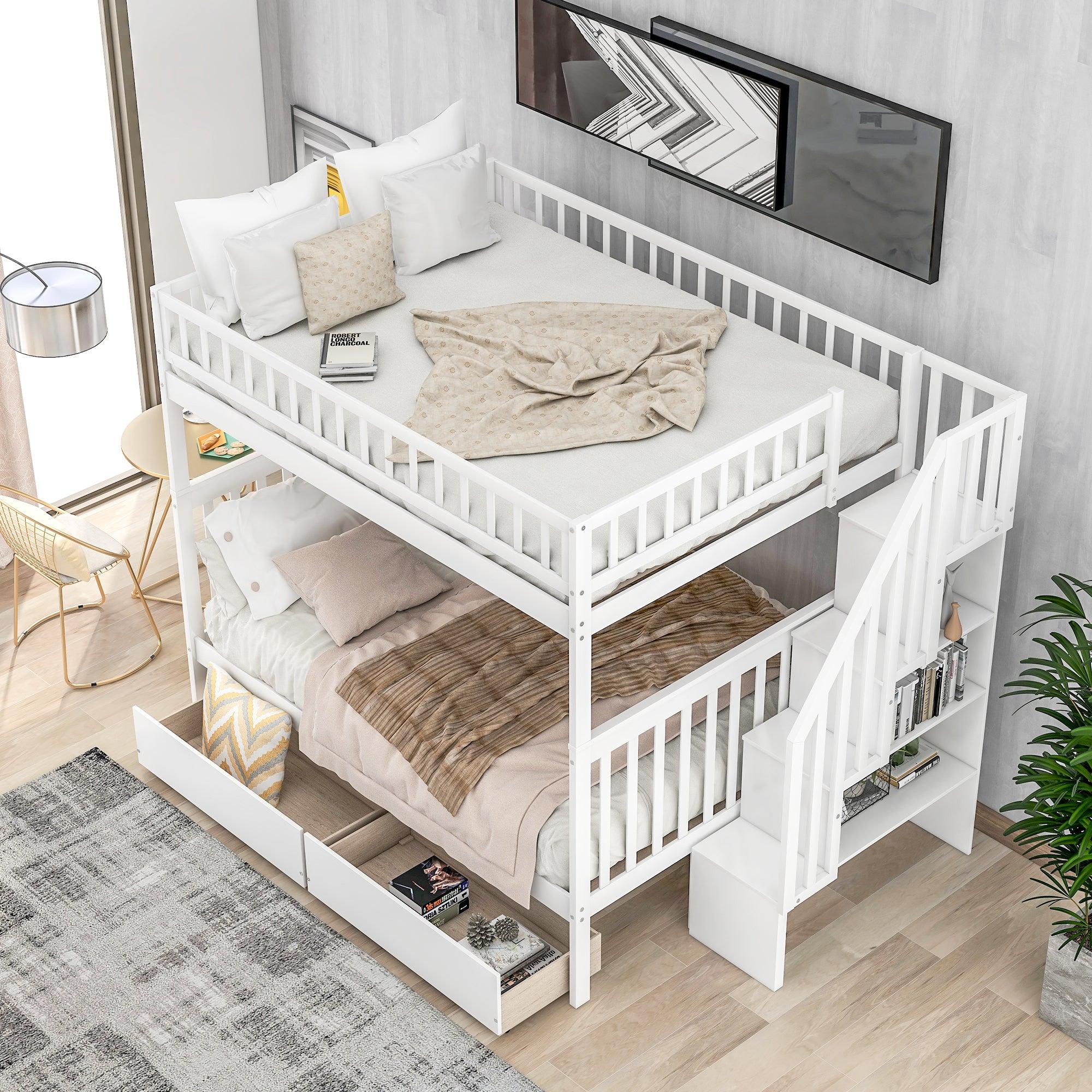 Full over Full Bunk Bed with Two Drawers andStorage Staircase - White