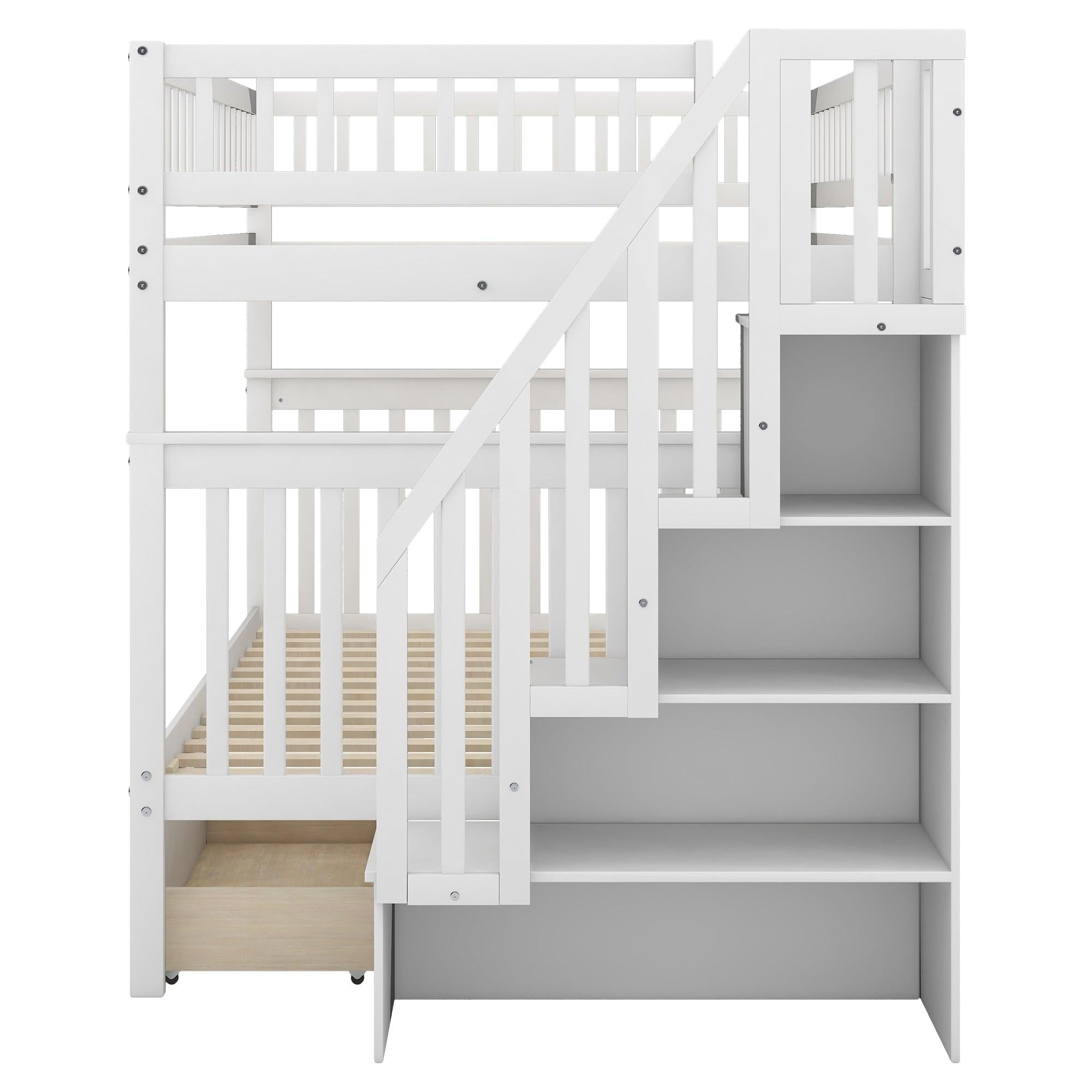 Full over Full Bunk Bed with Two Drawers andStorage Staircase - White