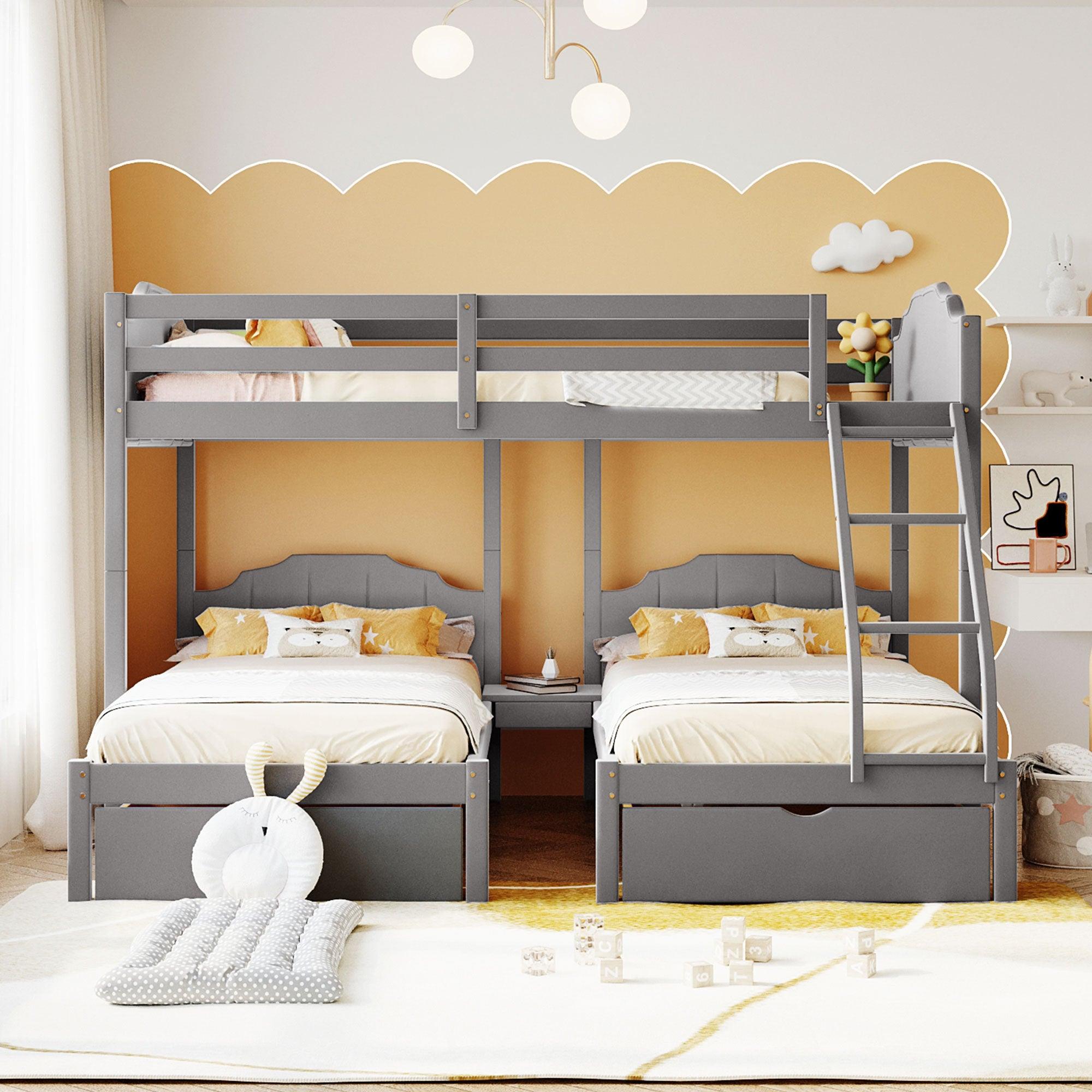 Full over Twin and Twin Bunk Bed with Drawers and Guardrails - Gray