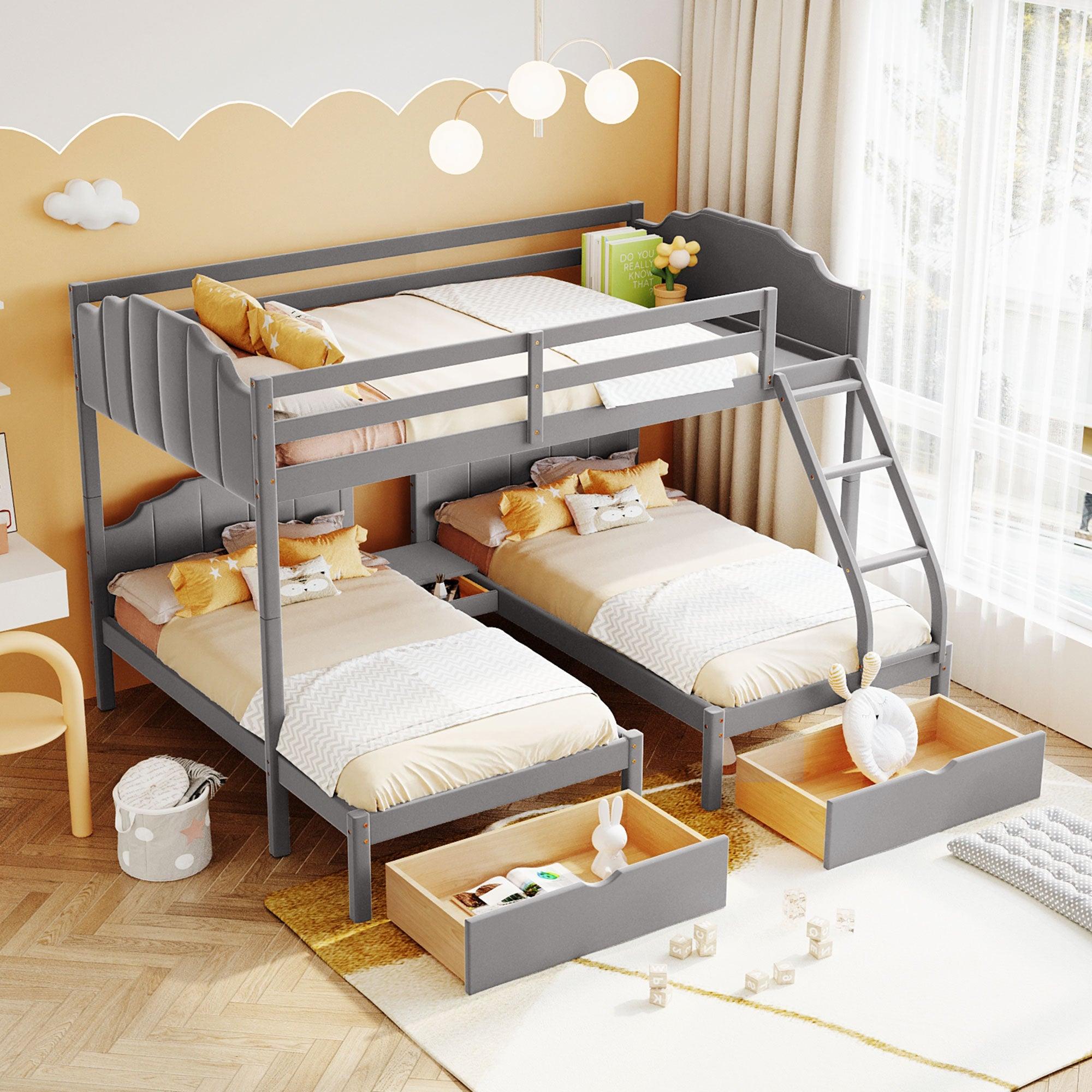 Full over Twin and Twin Bunk Bed with Drawers and Guardrails - Gray