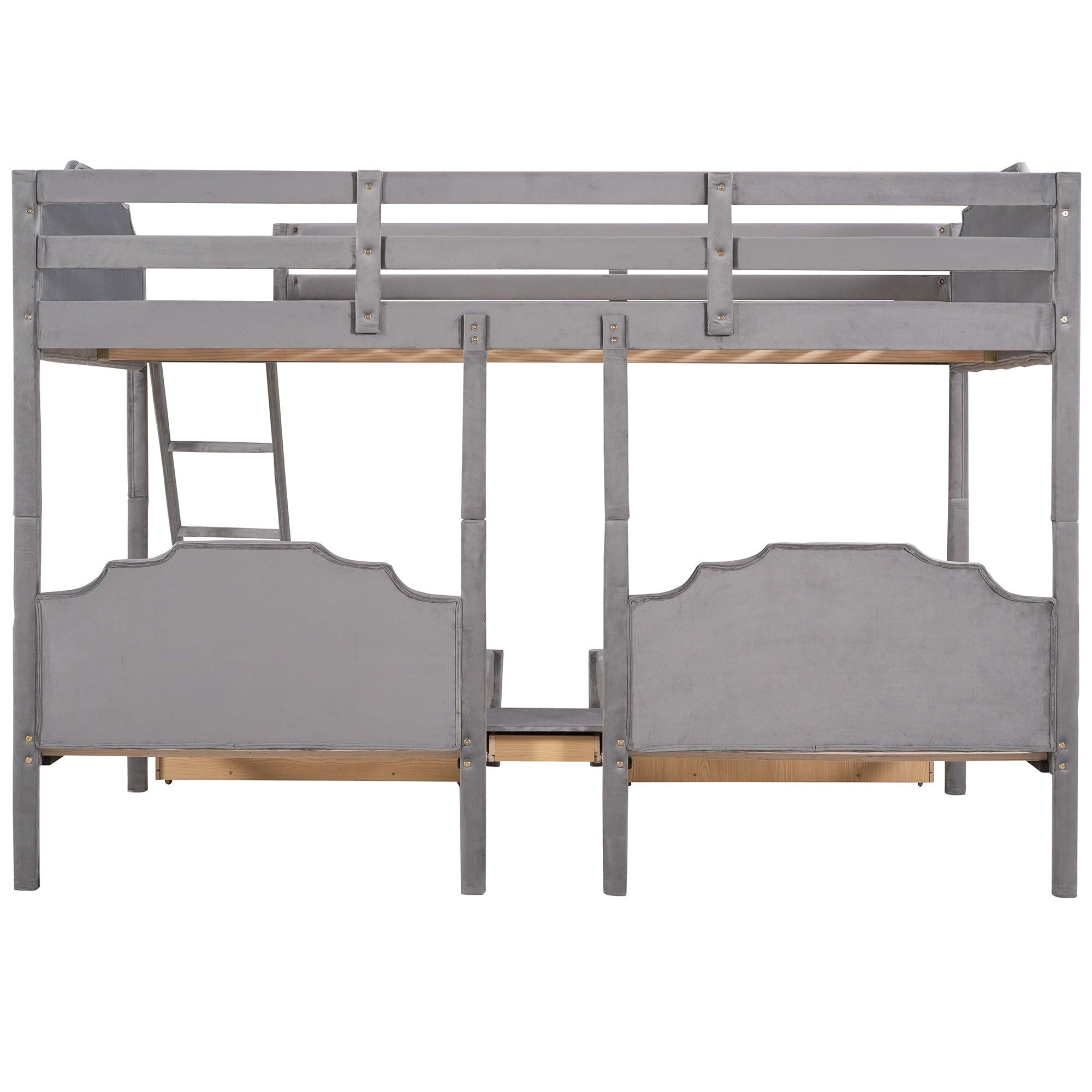 Full over Twin and Twin Bunk Bed with Drawers and Guardrails - Gray