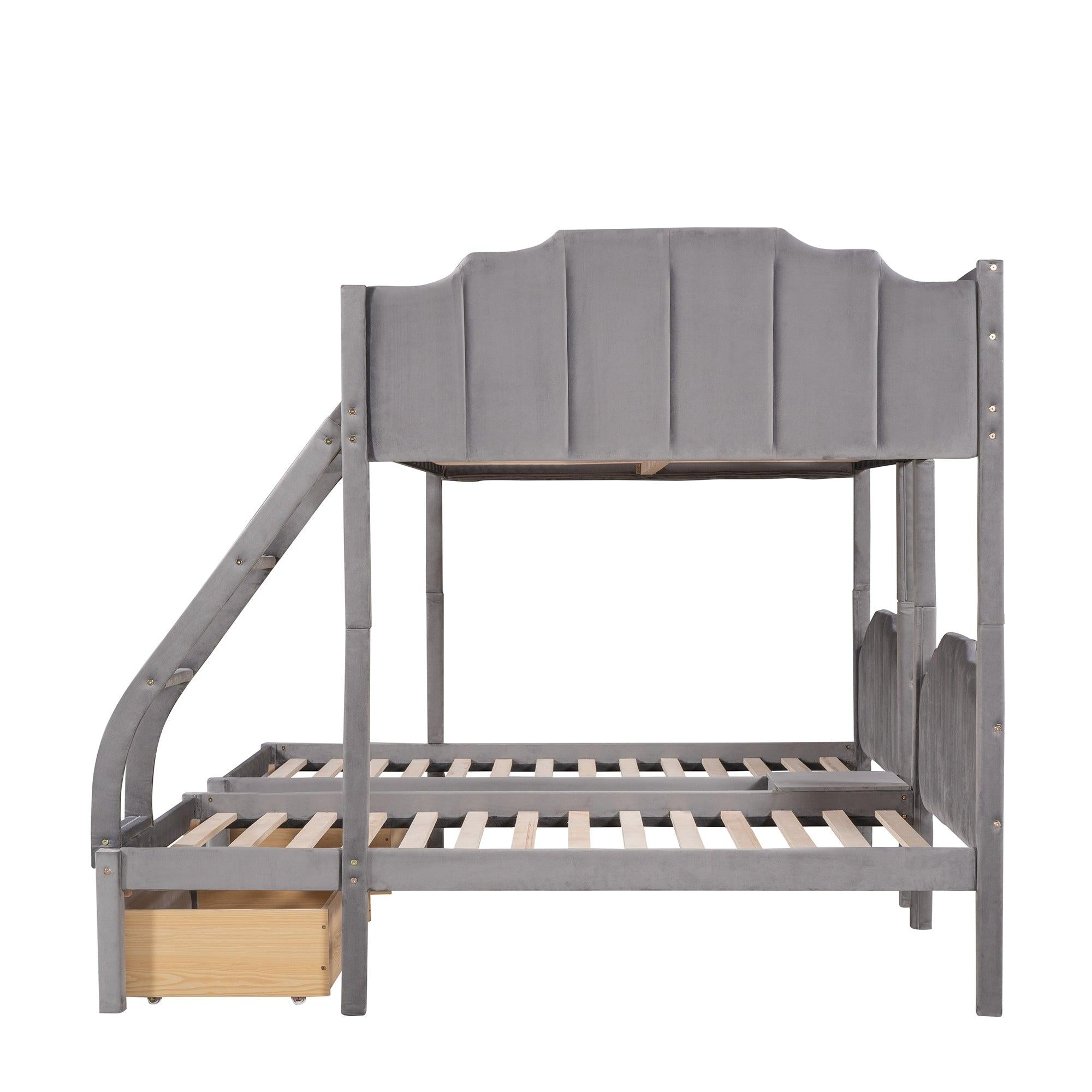 Full over Twin and Twin Bunk Bed with Drawers and Guardrails - Gray