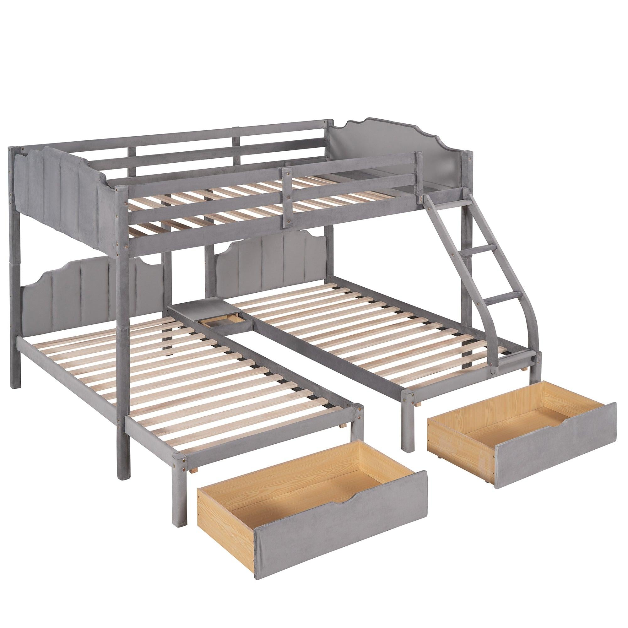 Full over Twin and Twin Bunk Bed with Drawers and Guardrails - Gray