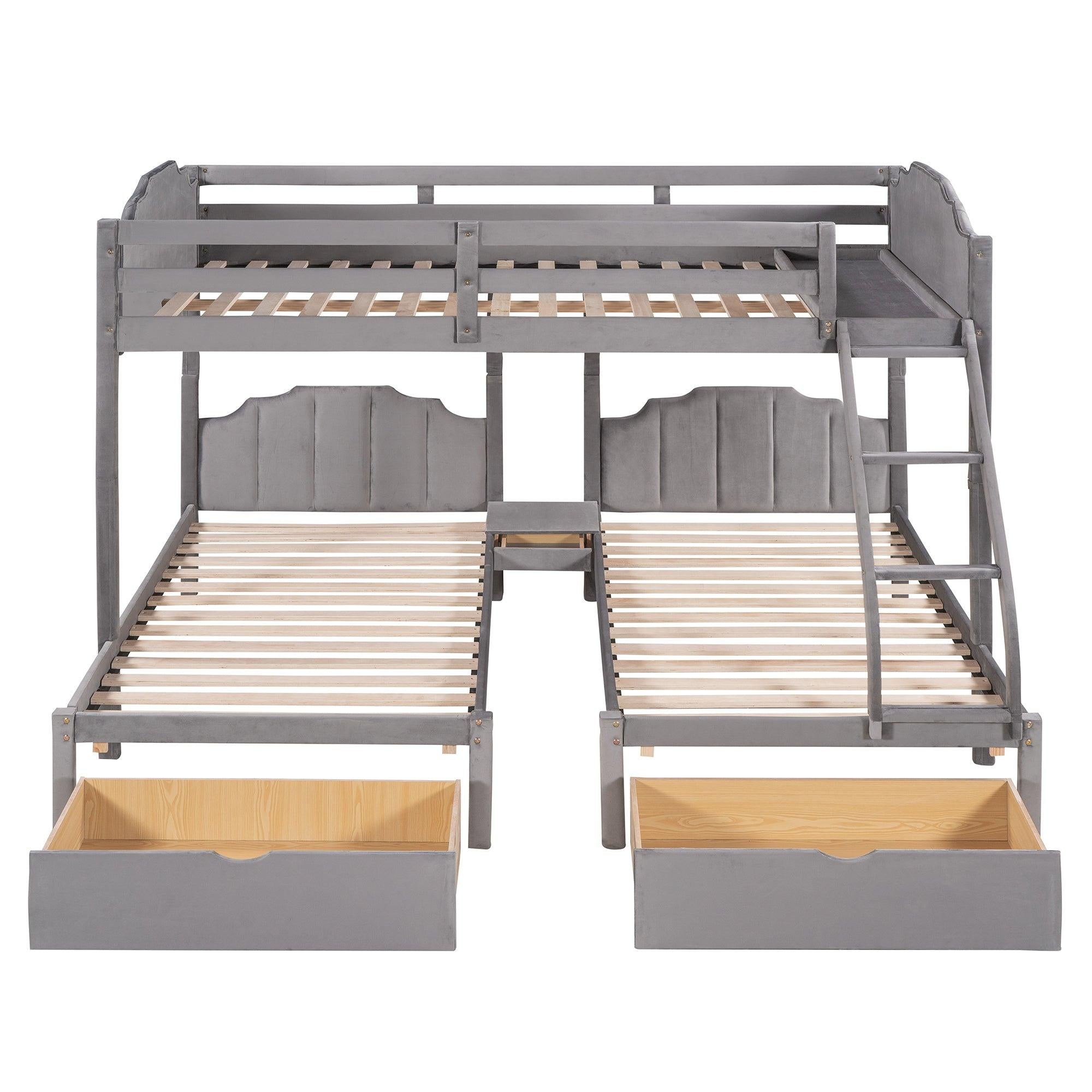 Full over Twin and Twin Bunk Bed with Drawers and Guardrails - Gray