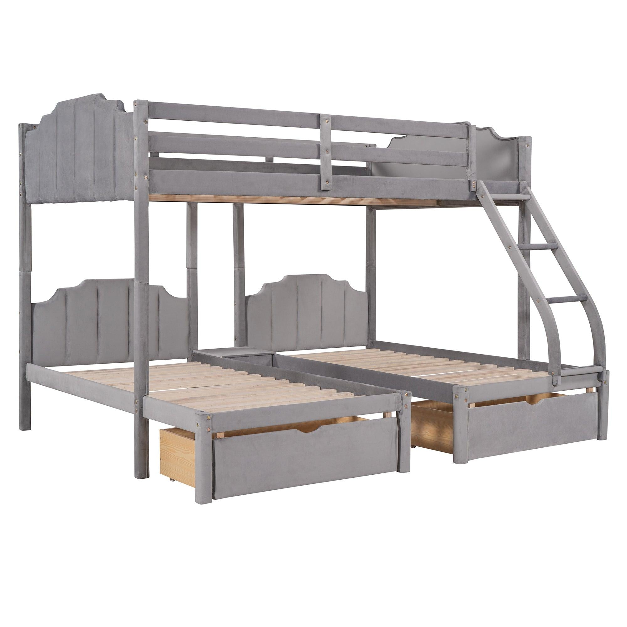 Full over Twin and Twin Bunk Bed with Drawers and Guardrails - Gray