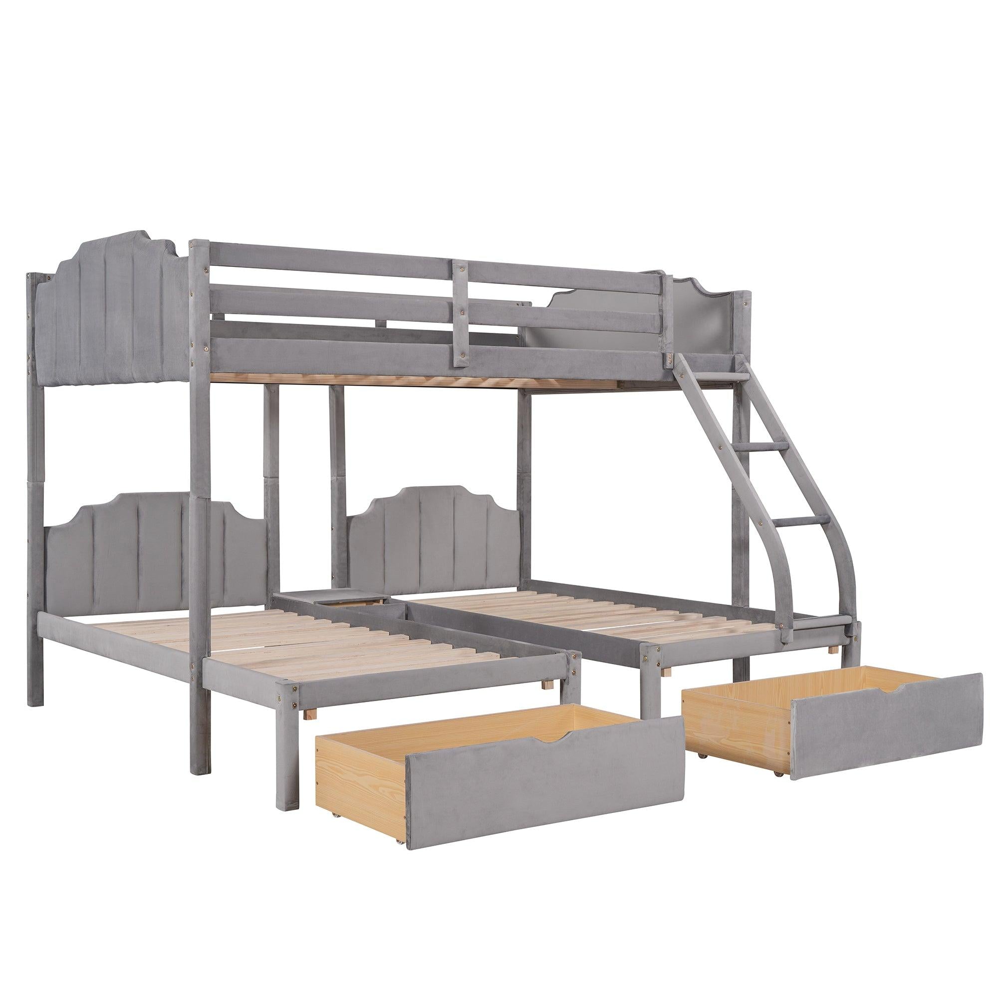 Full over Twin and Twin Bunk Bed with Drawers and Guardrails - Gray