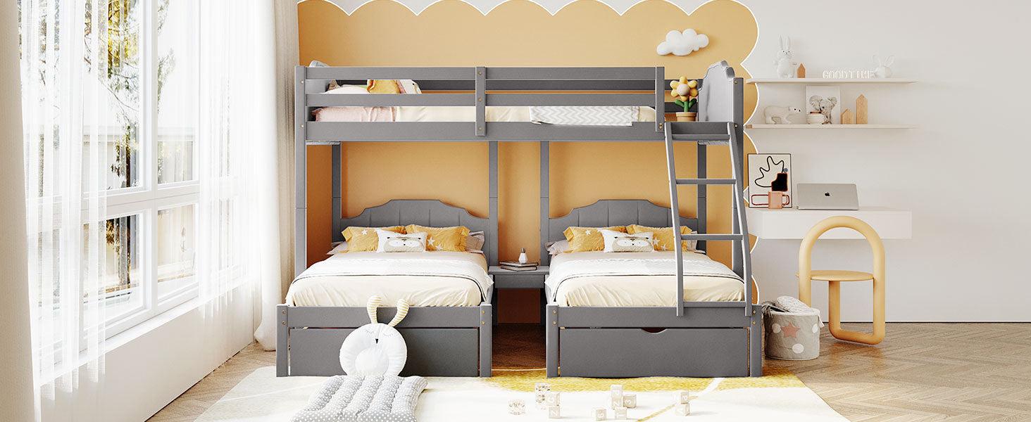 Full over Twin and Twin Bunk Bed with Drawers and Guardrails - Gray