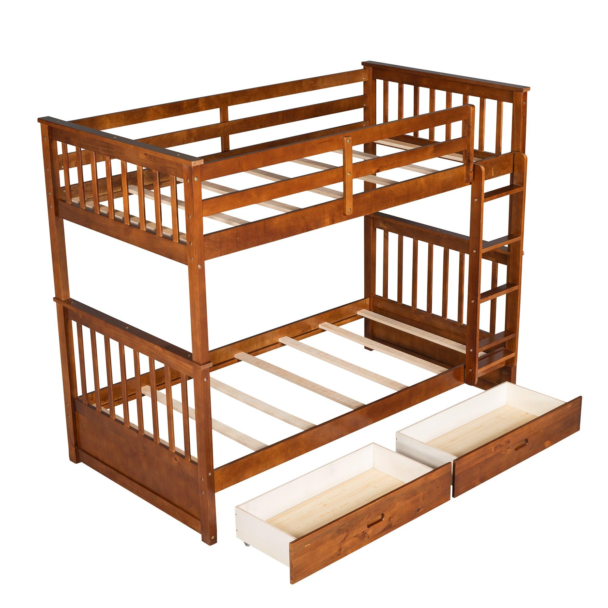 Twin over Twin Bunk Bed with Ladders and TwoStorage Drawers - Walnut