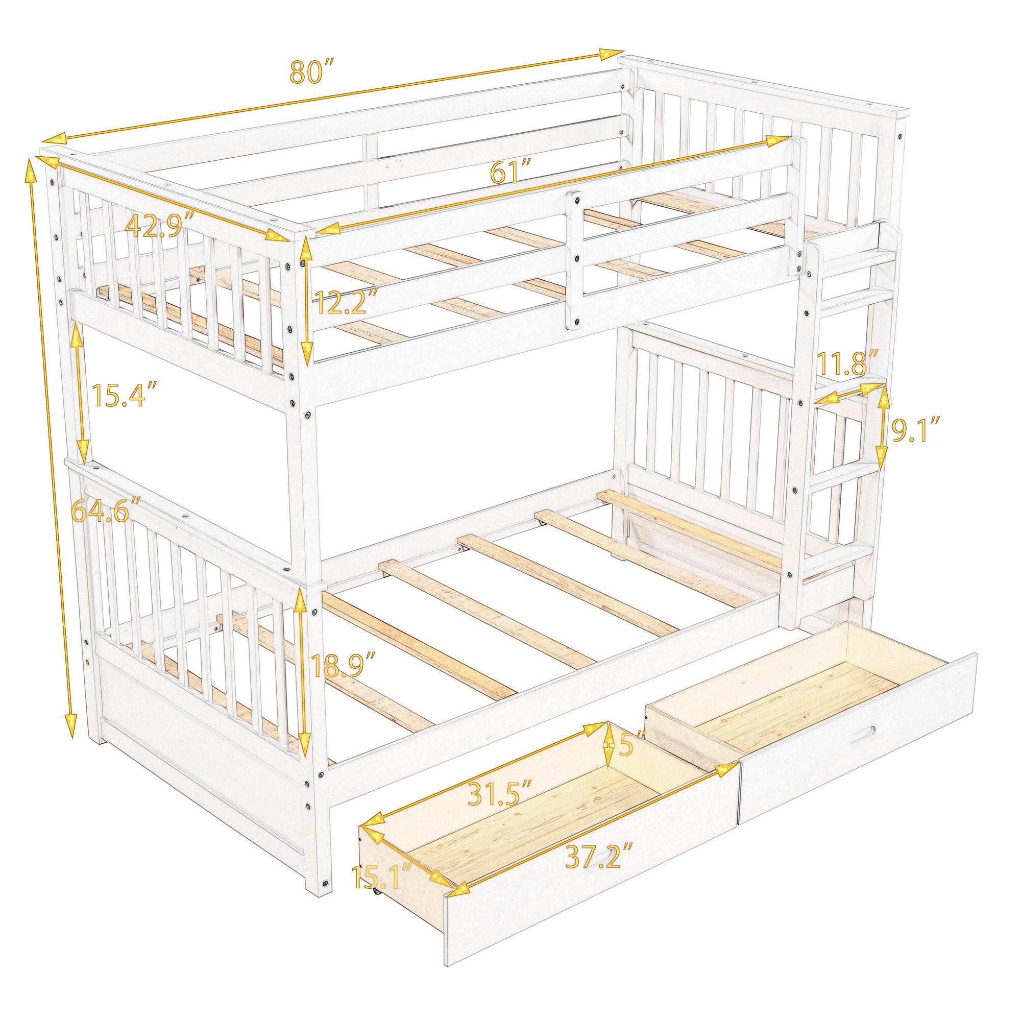 Twin over Twin Bunk Bed with Ladders and TwoStorage Drawers - Gray