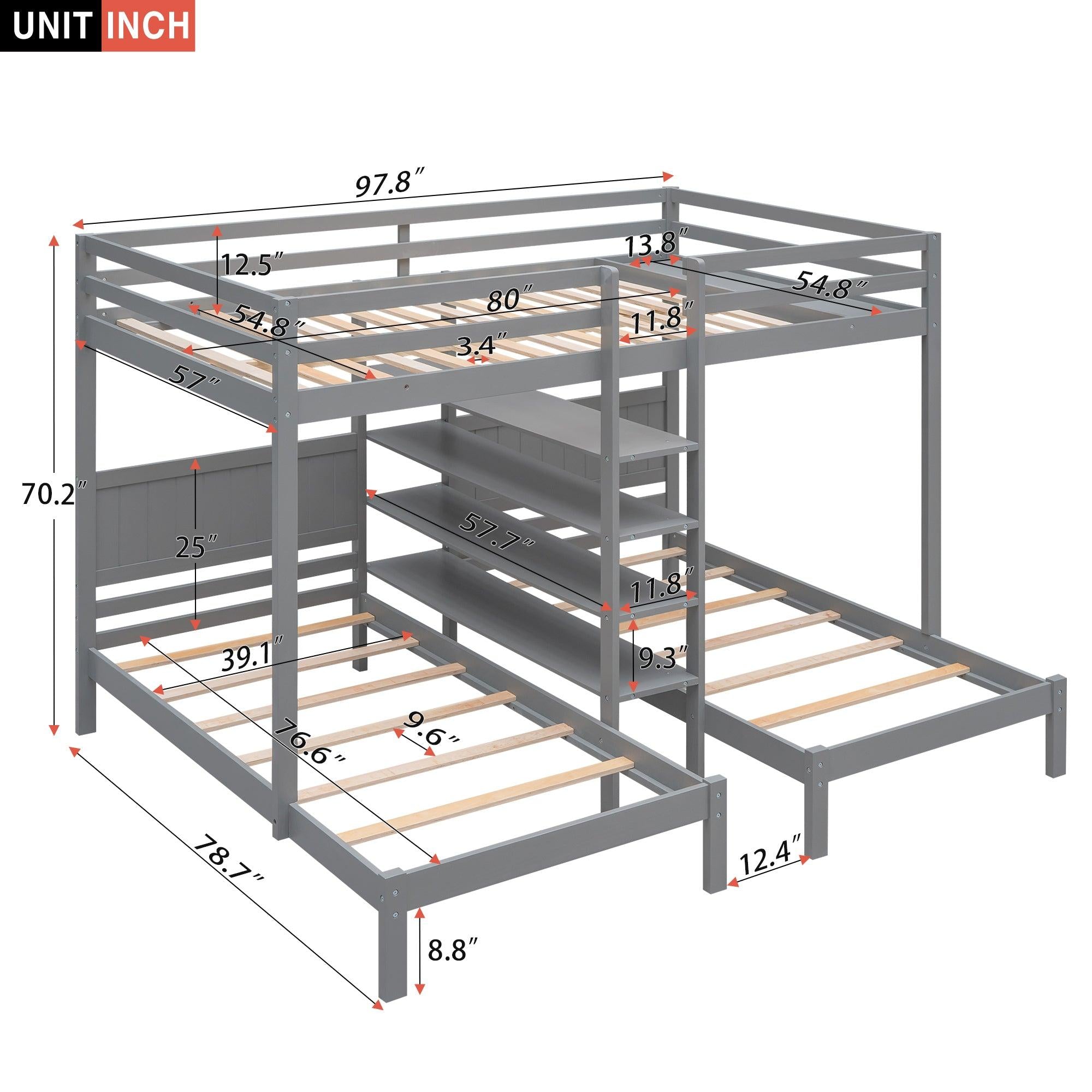 Full XL over Twin and Twin Bunk Bed with Built-in Shelves and Ladder - Gray