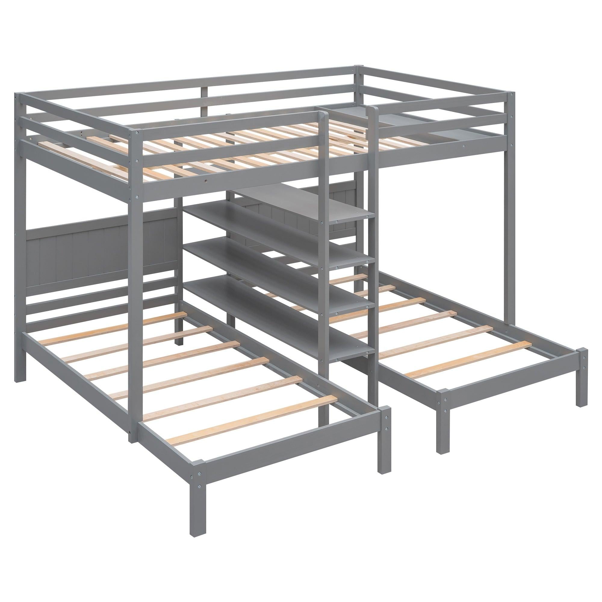 Full XL over Twin and Twin Bunk Bed with Built-in Shelves and Ladder - Gray