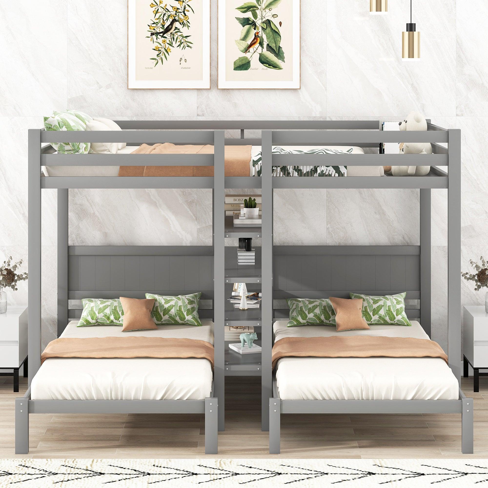 Full XL over Twin and Twin Bunk Bed with Built-in Shelves and Ladder - Gray