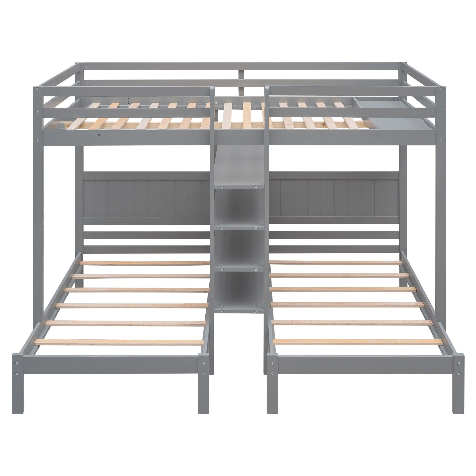 Full XL over Twin and Twin Bunk Bed with Built-in Shelves and Ladder - Gray