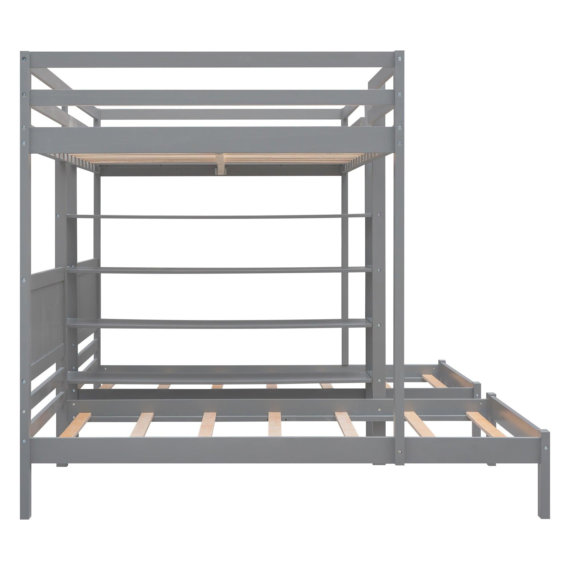 Full XL over Twin and Twin Bunk Bed with Built-in Shelves and Ladder - Gray