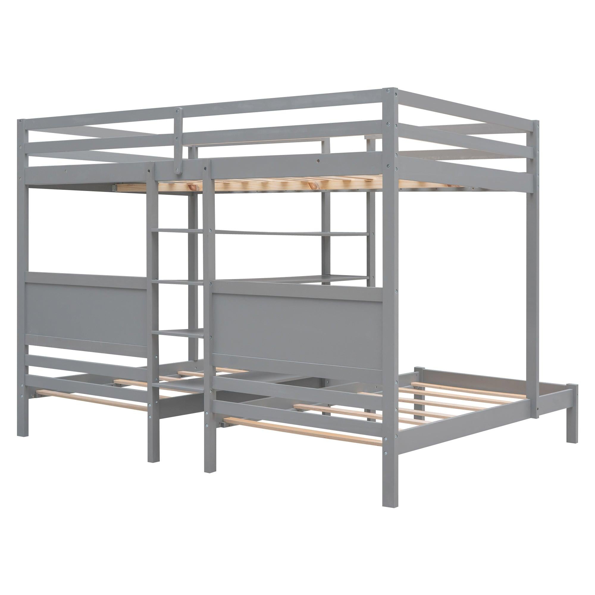 Full XL over Twin and Twin Bunk Bed with Built-in Shelves and Ladder - Gray