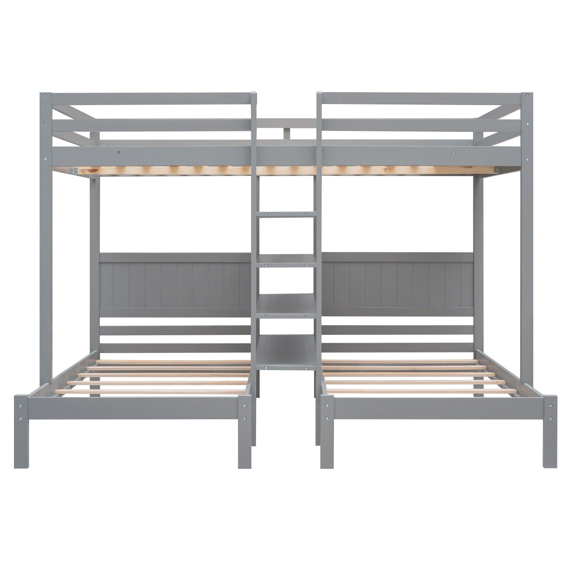 Full XL over Twin and Twin Bunk Bed with Built-in Shelves and Ladder - Gray