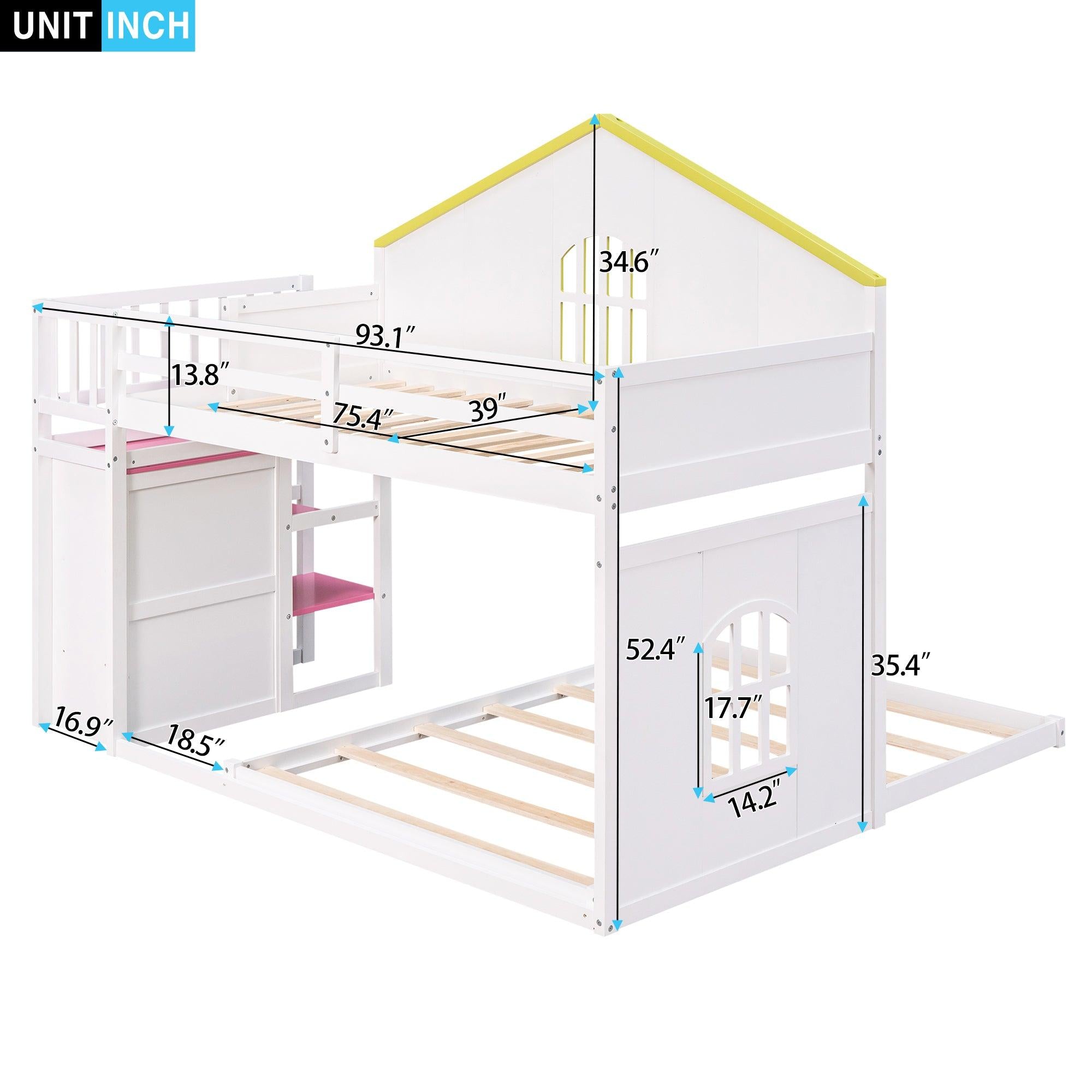 Twin over Full House Bunk Bed with Pink Staircase, Drawer and Shelves - White