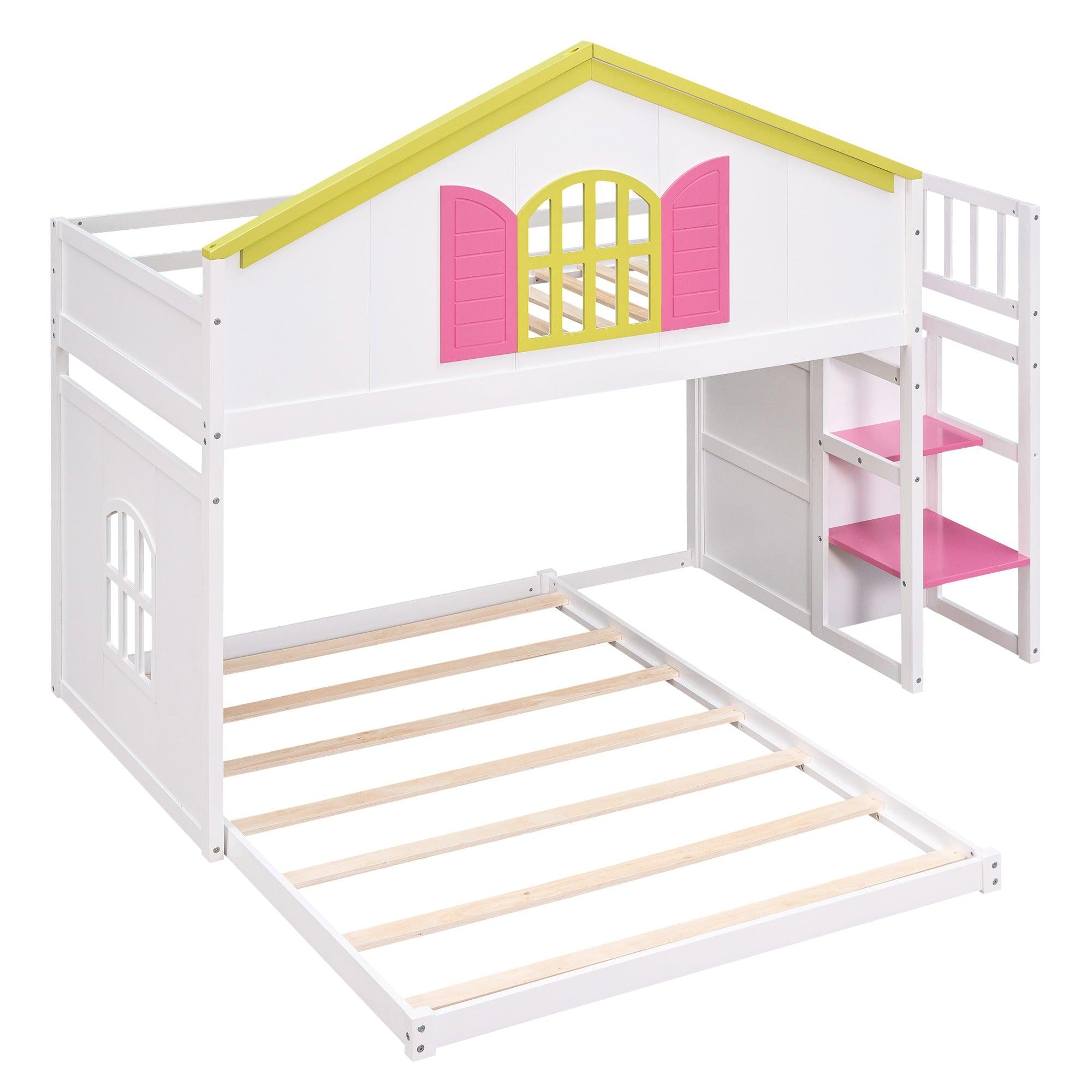 Twin over Full House Bunk Bed with Pink Staircase, Drawer and Shelves - White