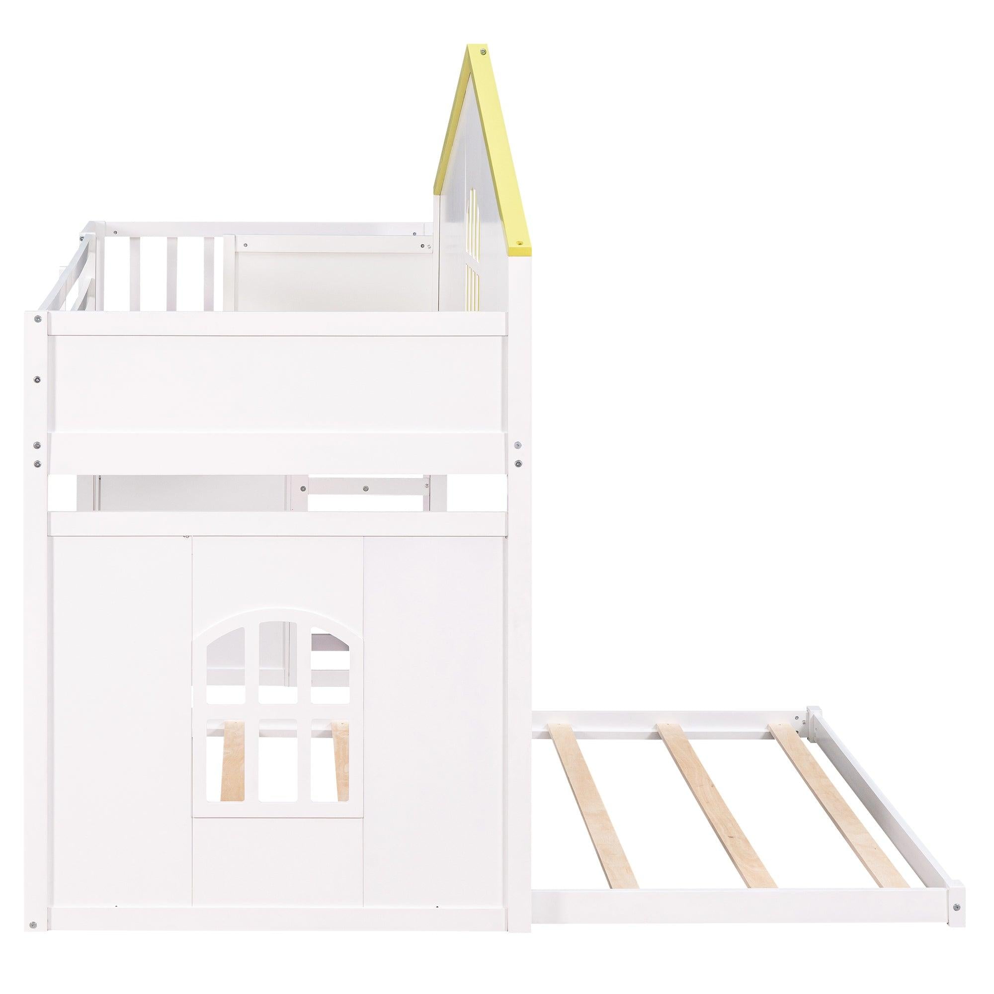 Twin over Full House Bunk Bed with Pink Staircase, Drawer and Shelves - White