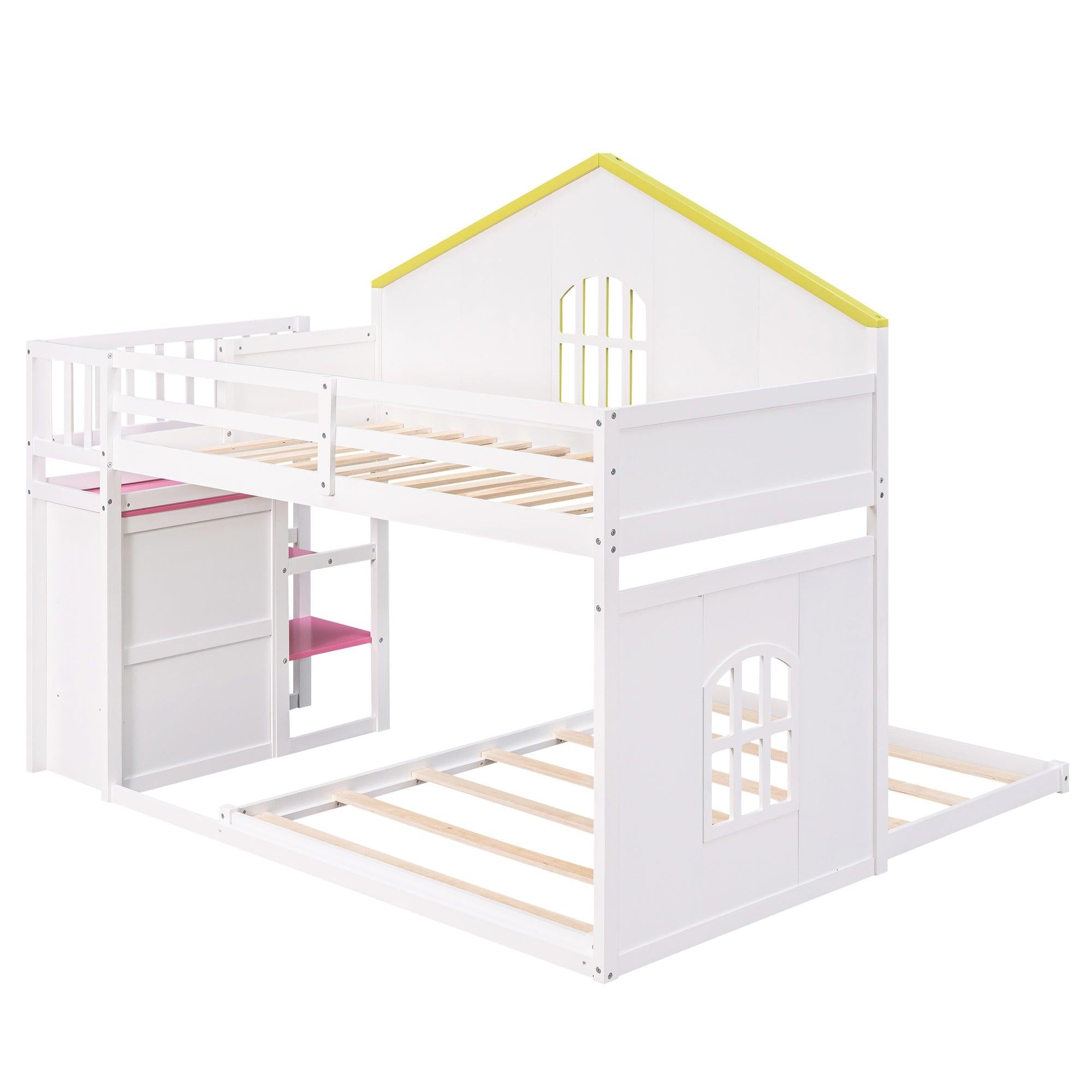 Twin over Full House Bunk Bed with Pink Staircase, Drawer and Shelves - White