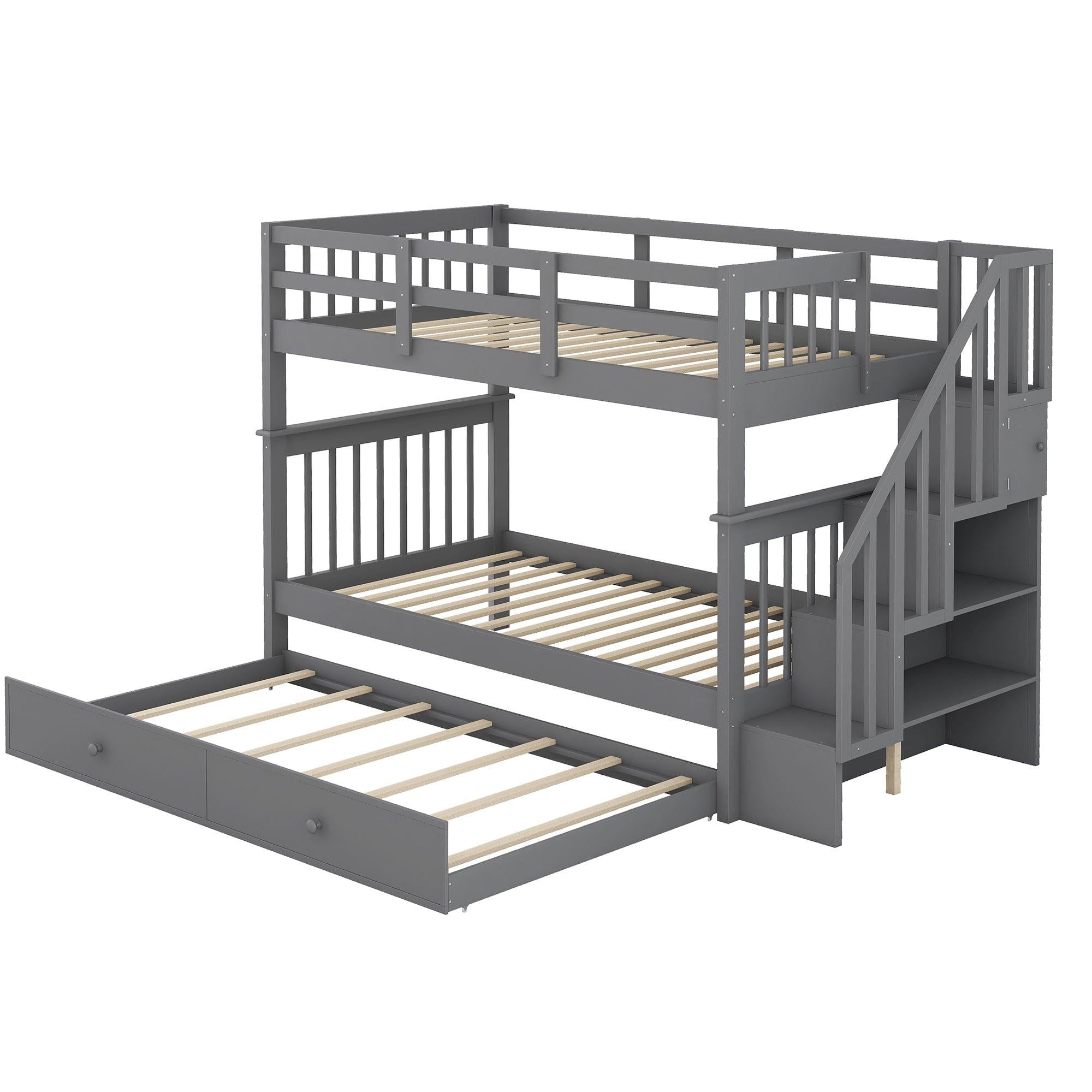 Twin Over Twin Bunk Bed with Twin Size Trundle andStorage Staircase - Gray