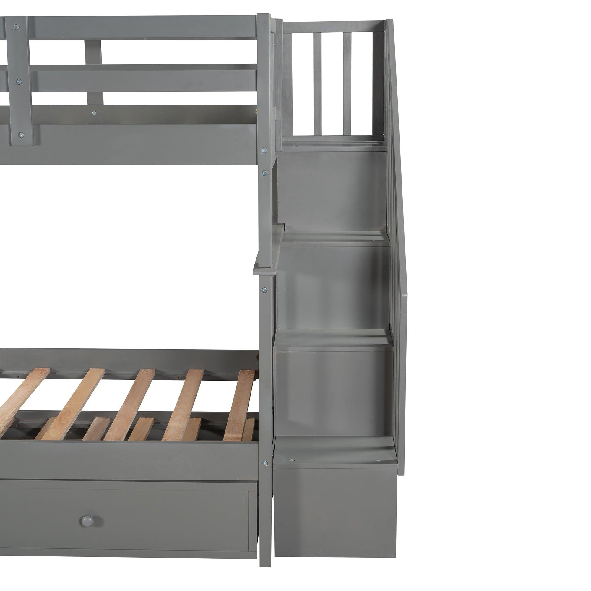 Twin Over Twin Bunk Bed with Twin Size Trundle andStorage Staircase - Gray