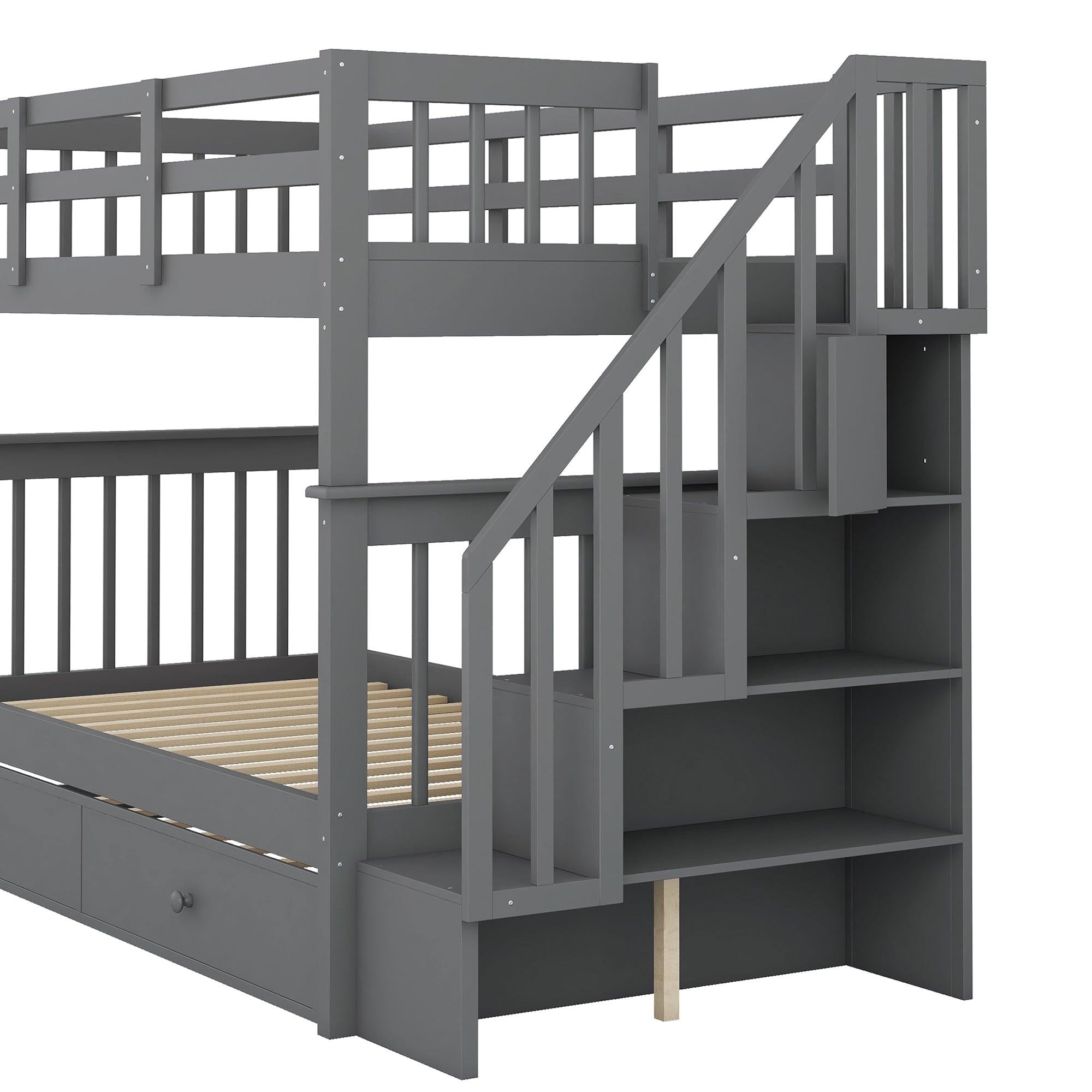 Twin Over Twin Bunk Bed with Twin Size Trundle andStorage Staircase - Gray