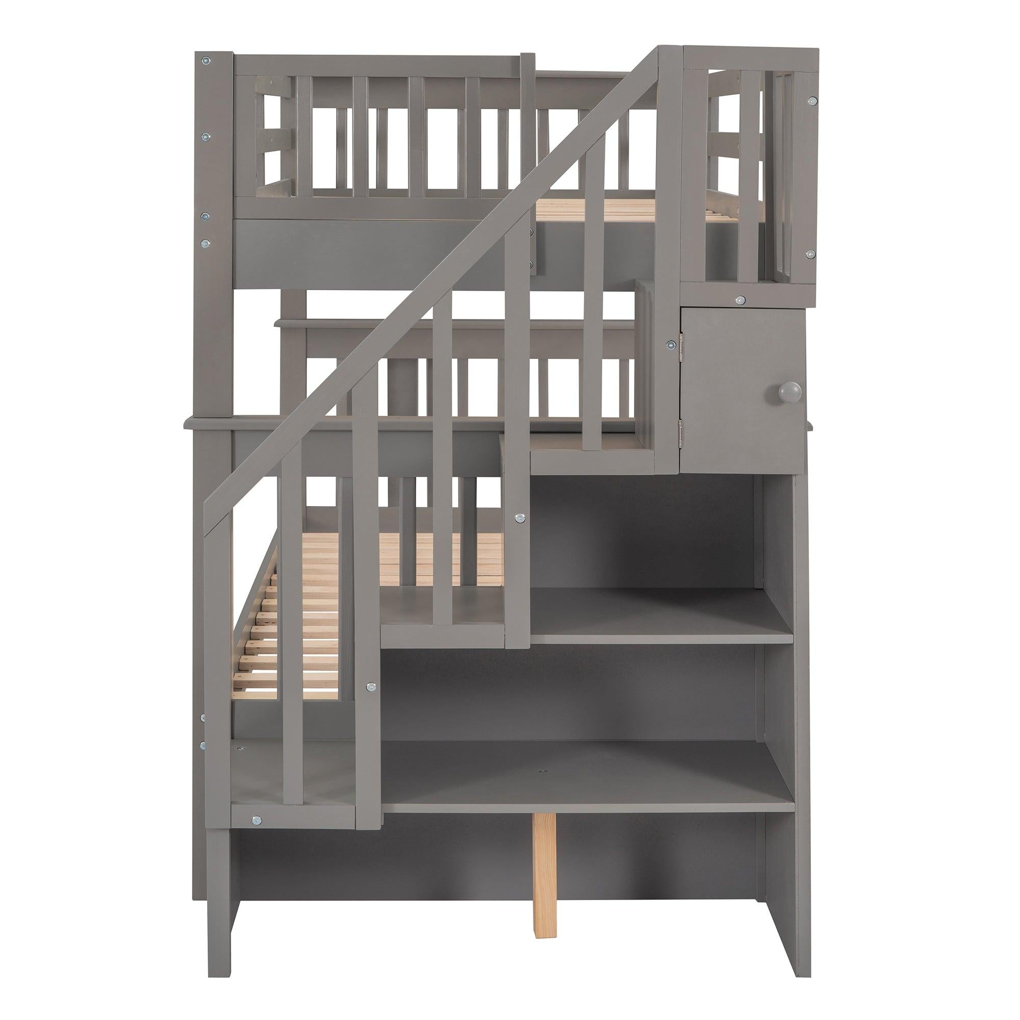 Twin Over Twin Bunk Bed with Twin Size Trundle andStorage Staircase - Gray