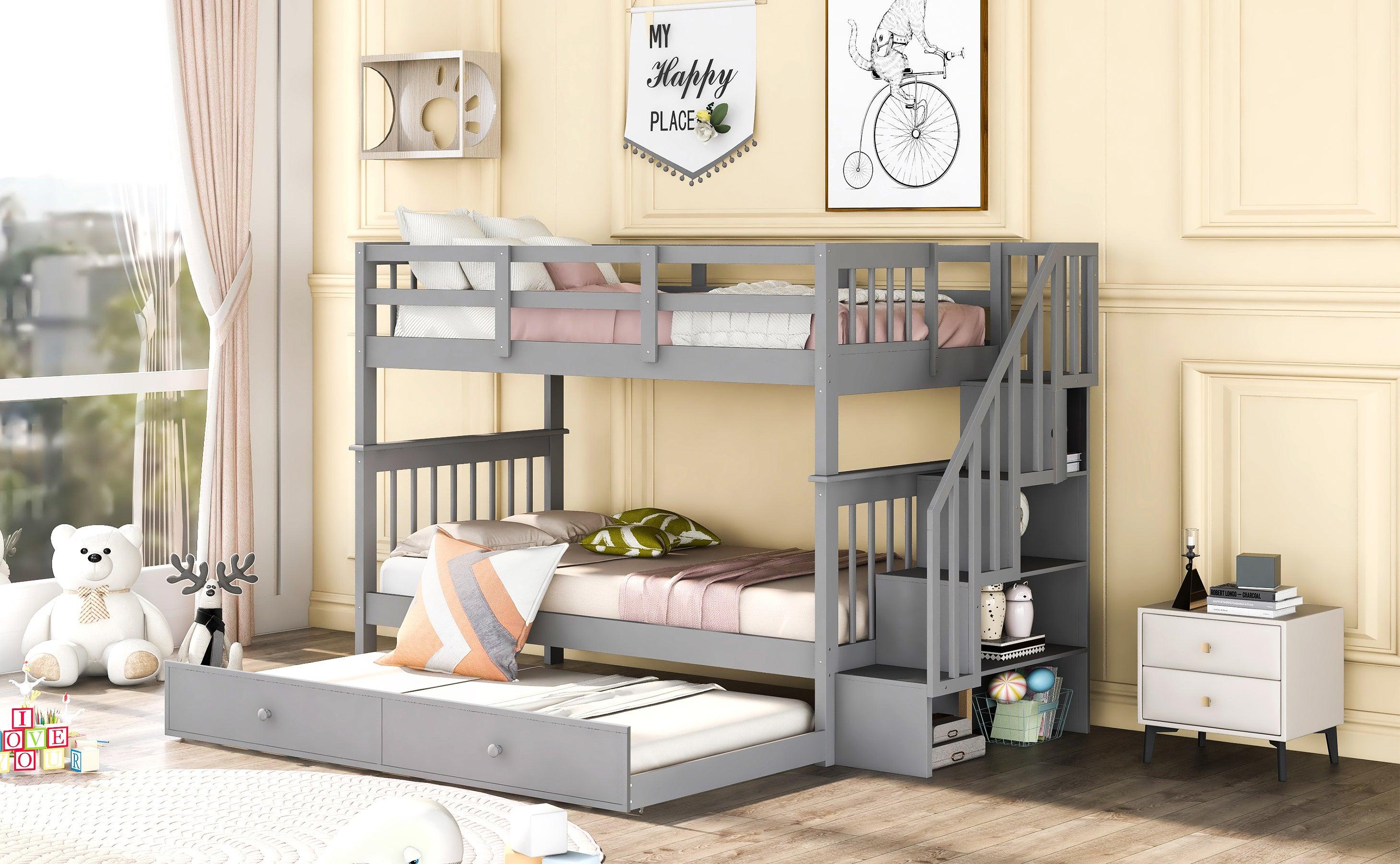 Twin Over Twin Bunk Bed with Twin Size Trundle andStorage Staircase - Gray