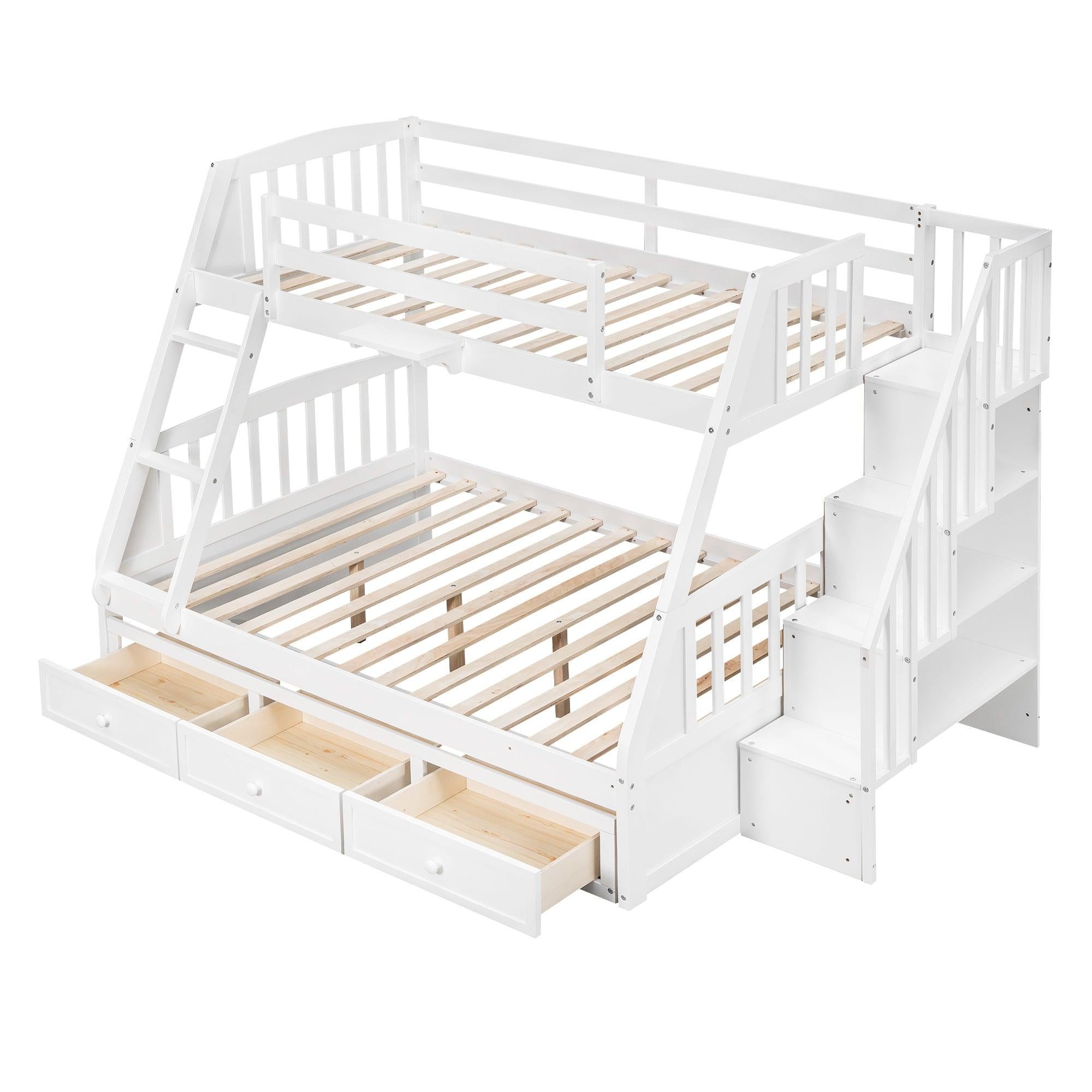 Twin Over Full Convertible Bunk Bed with Drawers, Ladders andStorage Staircase - White