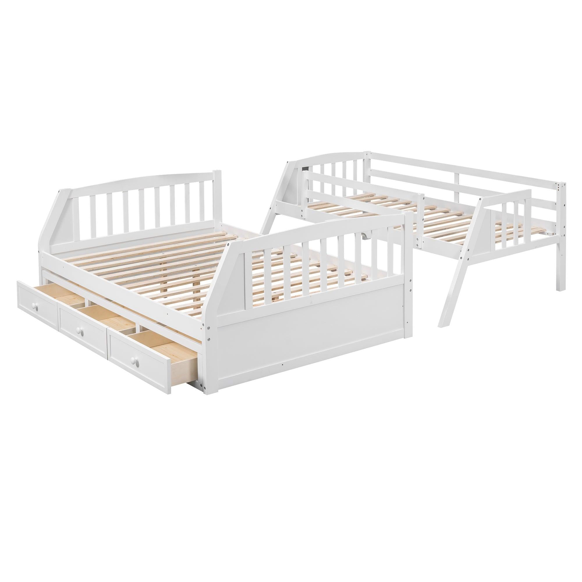 Twin Over Full Convertible Bunk Bed with Drawers, Ladders andStorage Staircase - White