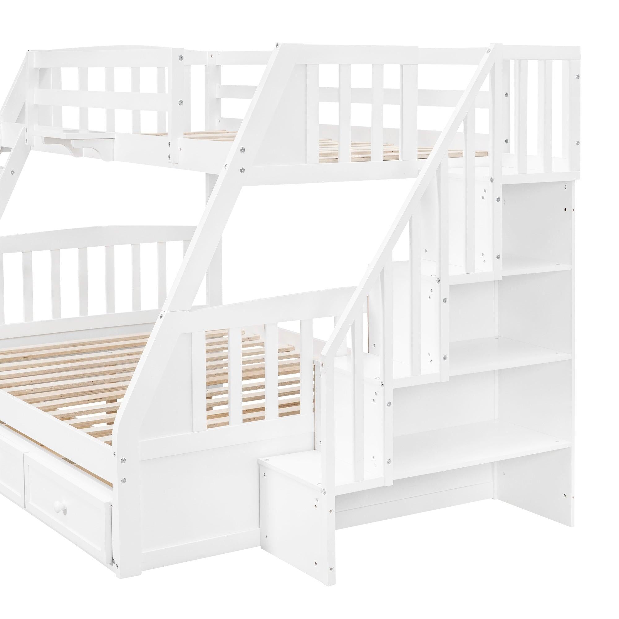 Twin Over Full Convertible Bunk Bed with Drawers, Ladders andStorage Staircase - White