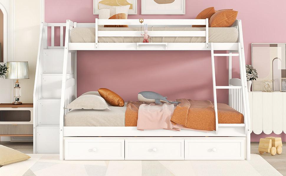 Twin Over Full Convertible Bunk Bed with Drawers, Ladders andStorage Staircase - White