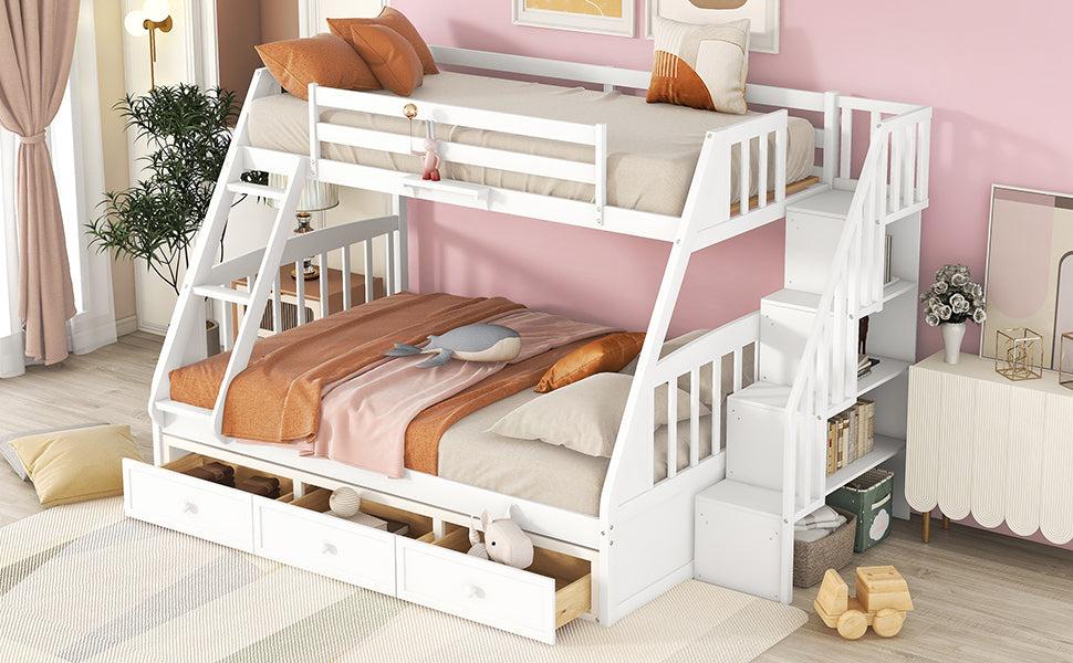 Twin Over Full Convertible Bunk Bed with Drawers, Ladders andStorage Staircase - White