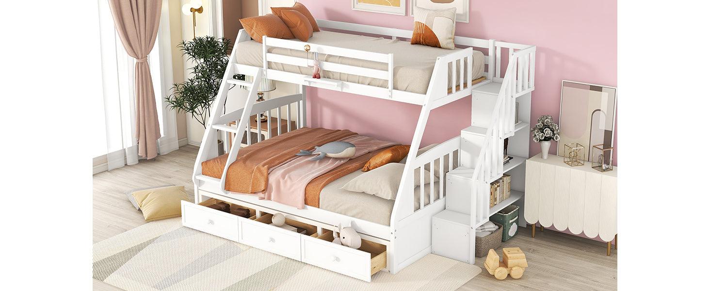 Twin Over Full Convertible Bunk Bed with Drawers, Ladders andStorage Staircase - White