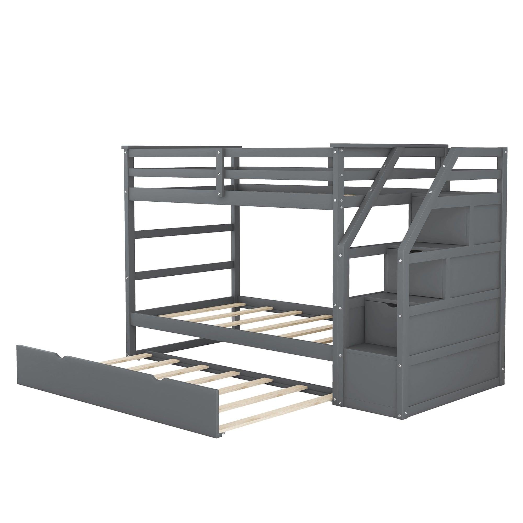 Twin over Twin Bunk Bed withStorage Staircase and Twin Size Trundle Bed - Gray