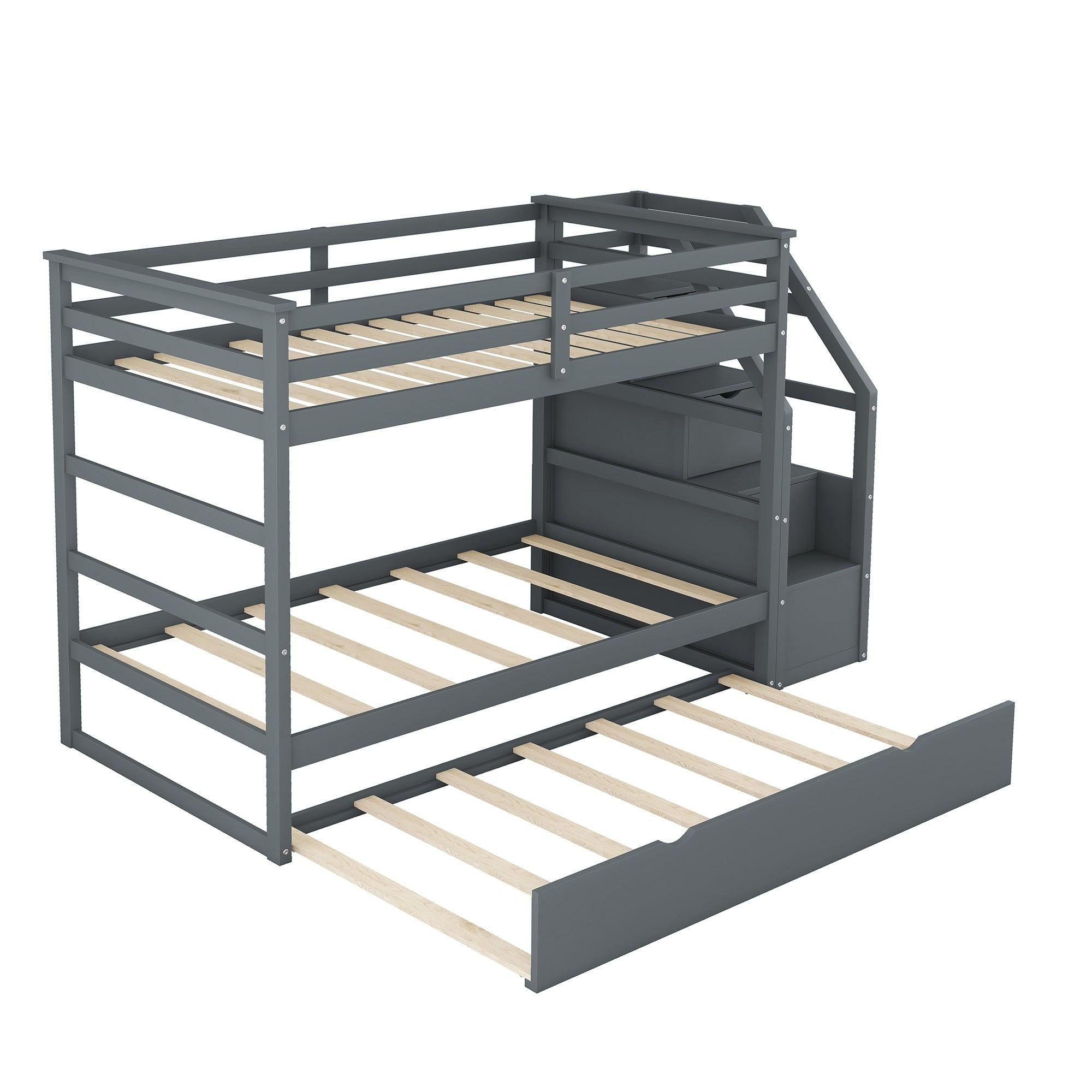 Twin over Twin Bunk Bed withStorage Staircase and Twin Size Trundle Bed - Gray