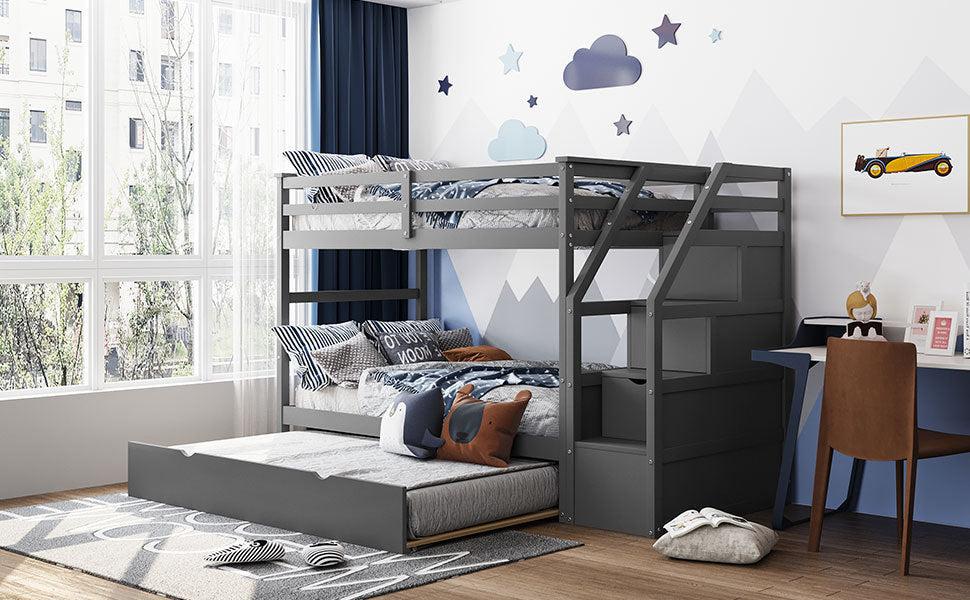 Twin over Twin Bunk Bed withStorage Staircase and Twin Size Trundle Bed - Gray