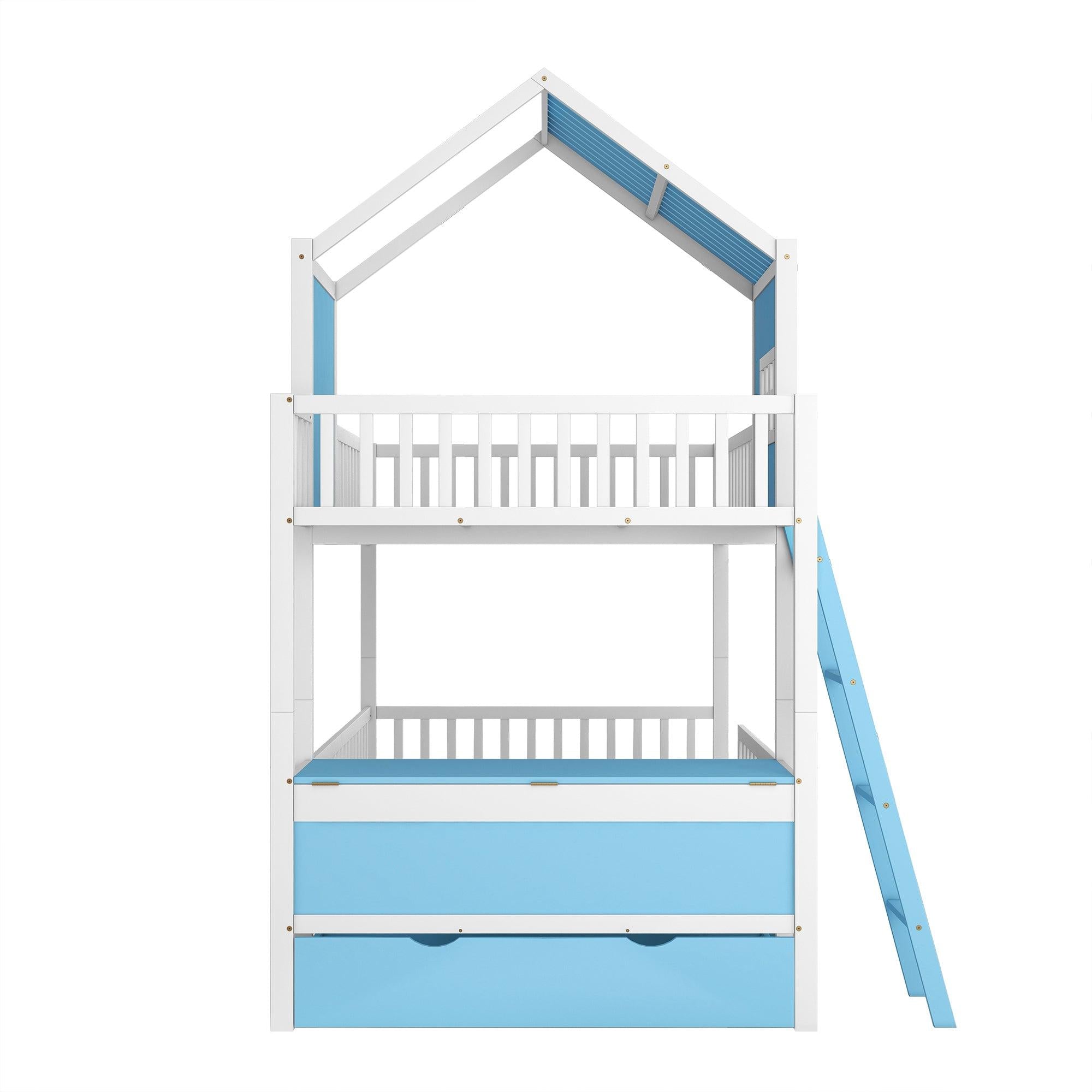 Full over Full Bunk Bed with Twin Size Trundle,Storage Box and Drawer - Blue