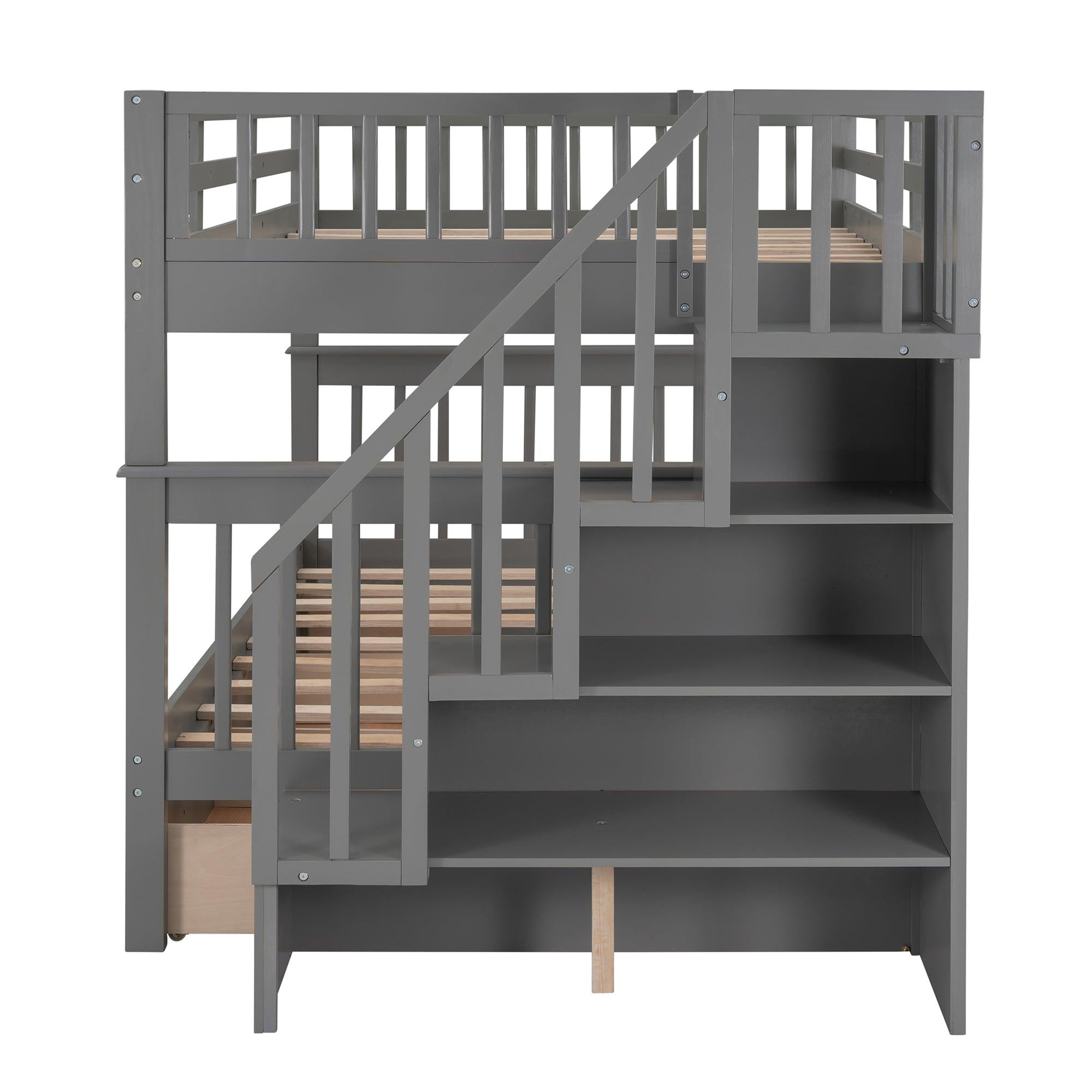 Full over Full Bunk Bed with Drawer,Storage Staircase and Guard Rail - Gray