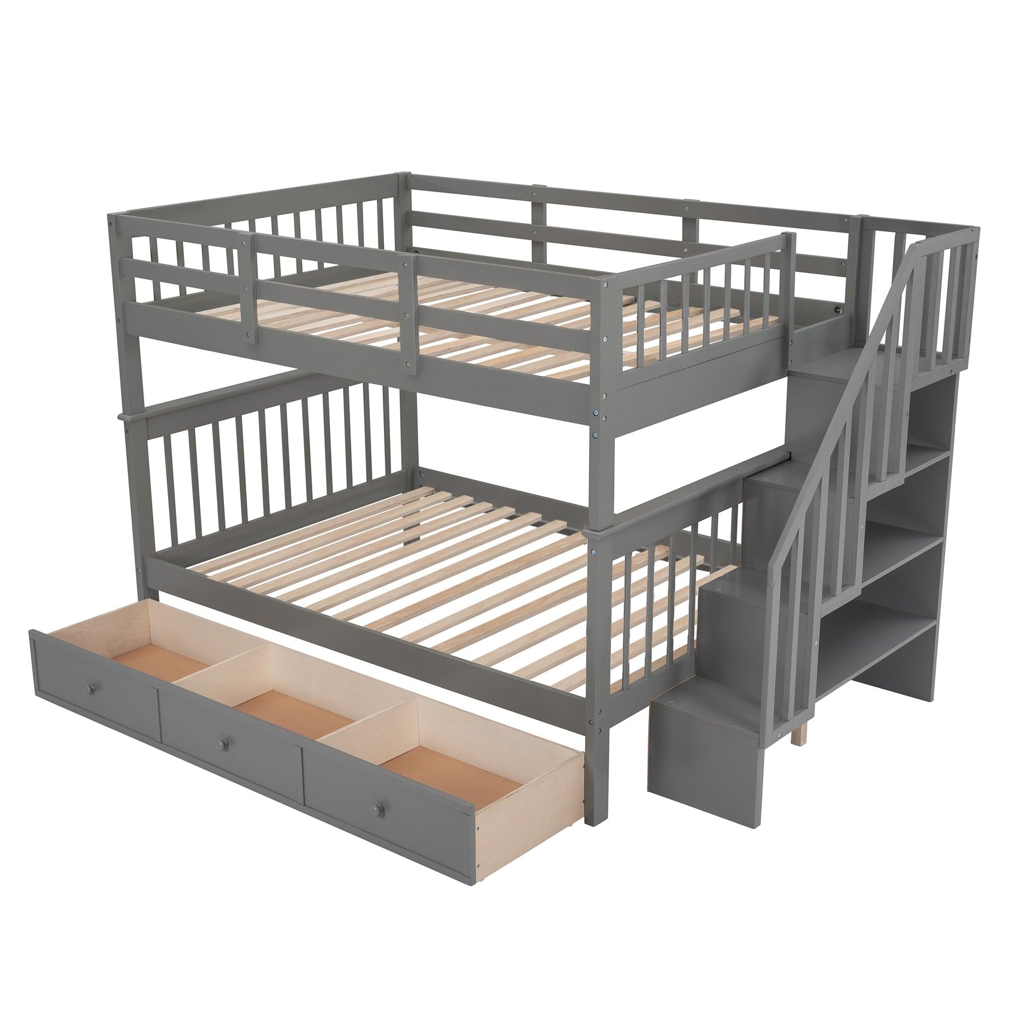 Full over Full Bunk Bed with Drawer,Storage Staircase and Guard Rail - Gray