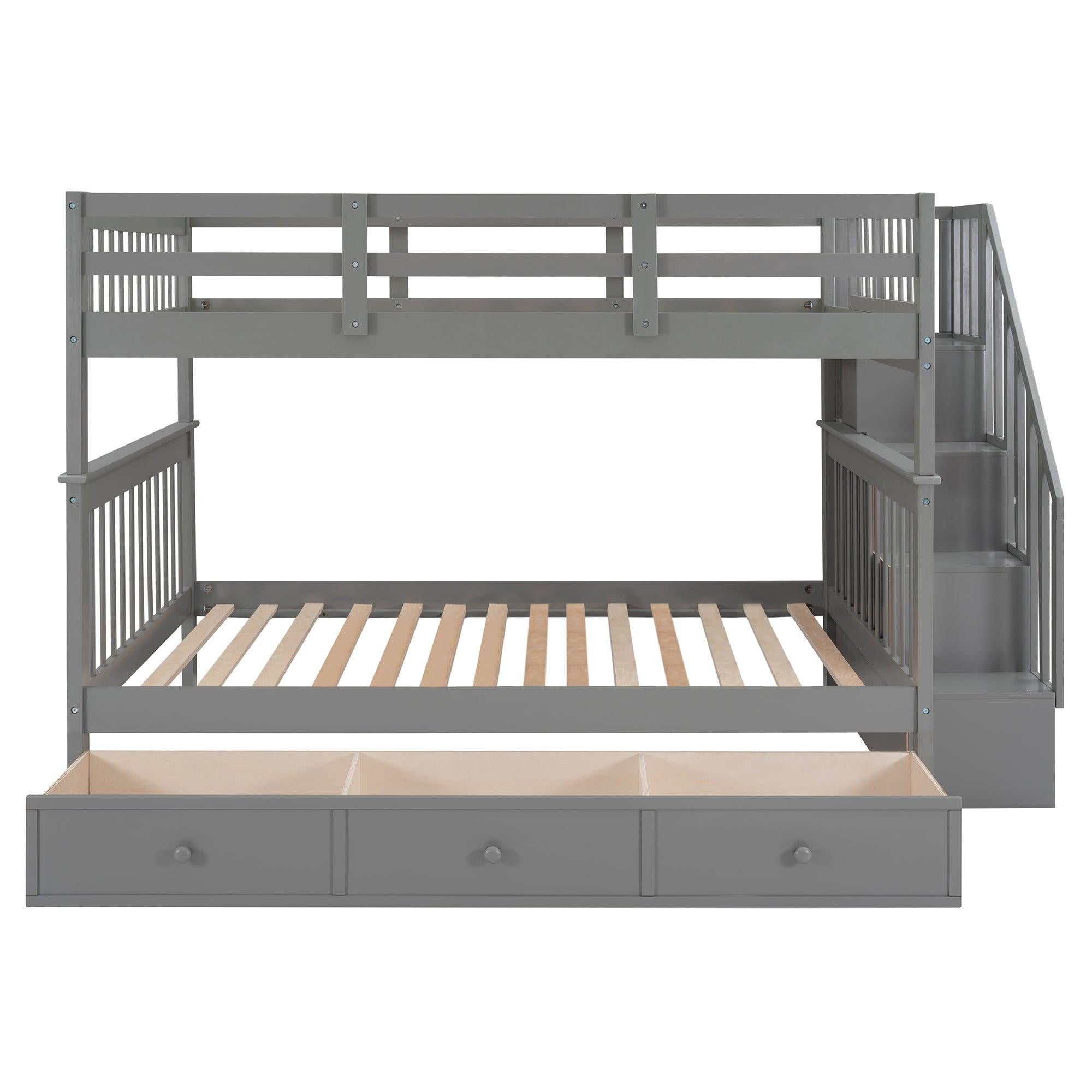 Full over Full Bunk Bed with Drawer,Storage Staircase and Guard Rail - Gray