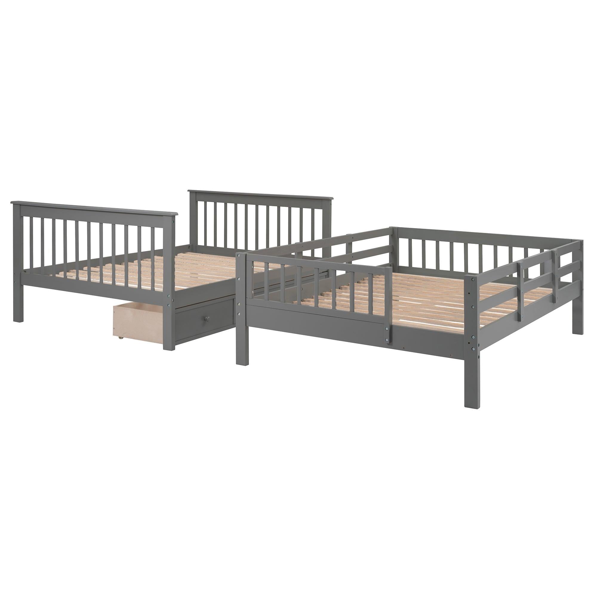 Full over Full Bunk Bed with Drawer,Storage Staircase and Guard Rail - Gray