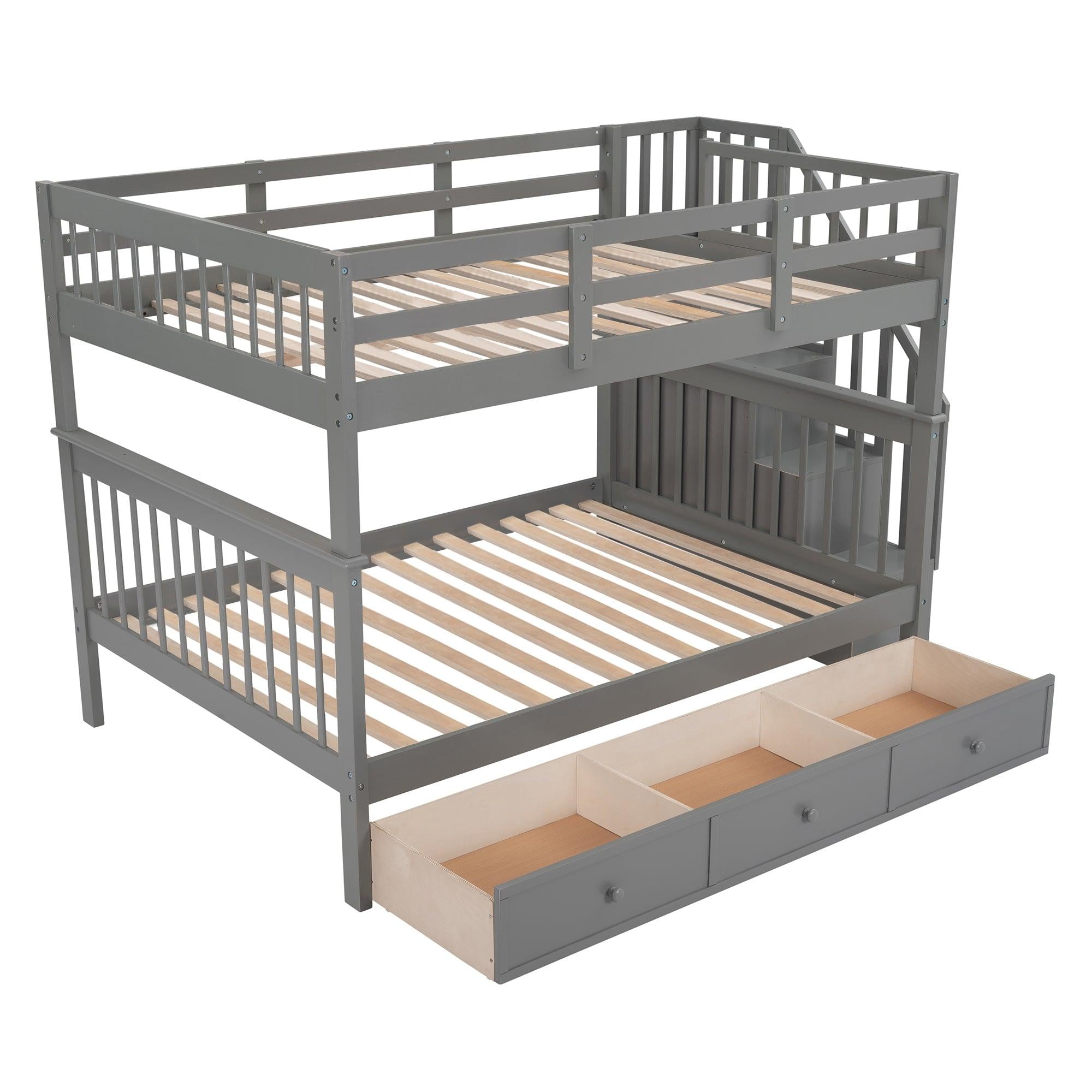 Full over Full Bunk Bed with Drawer,Storage Staircase and Guard Rail - Gray