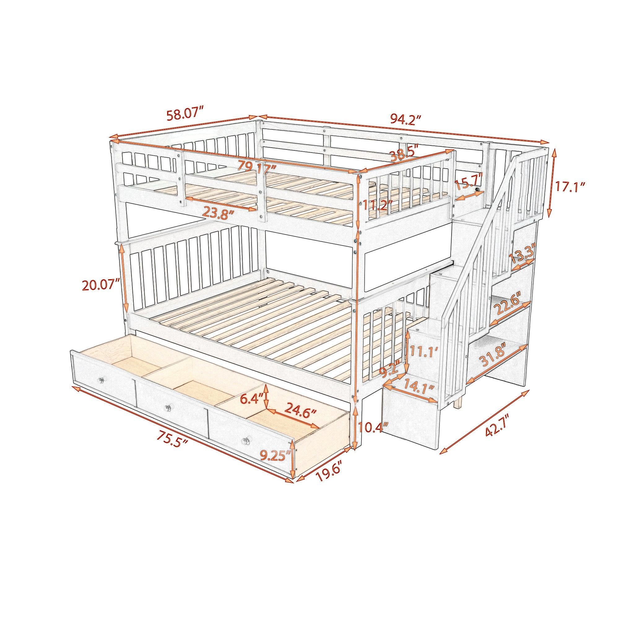 Full over Full Bunk Bed with Drawer,Storage Staircase and Guard Rail - Gray