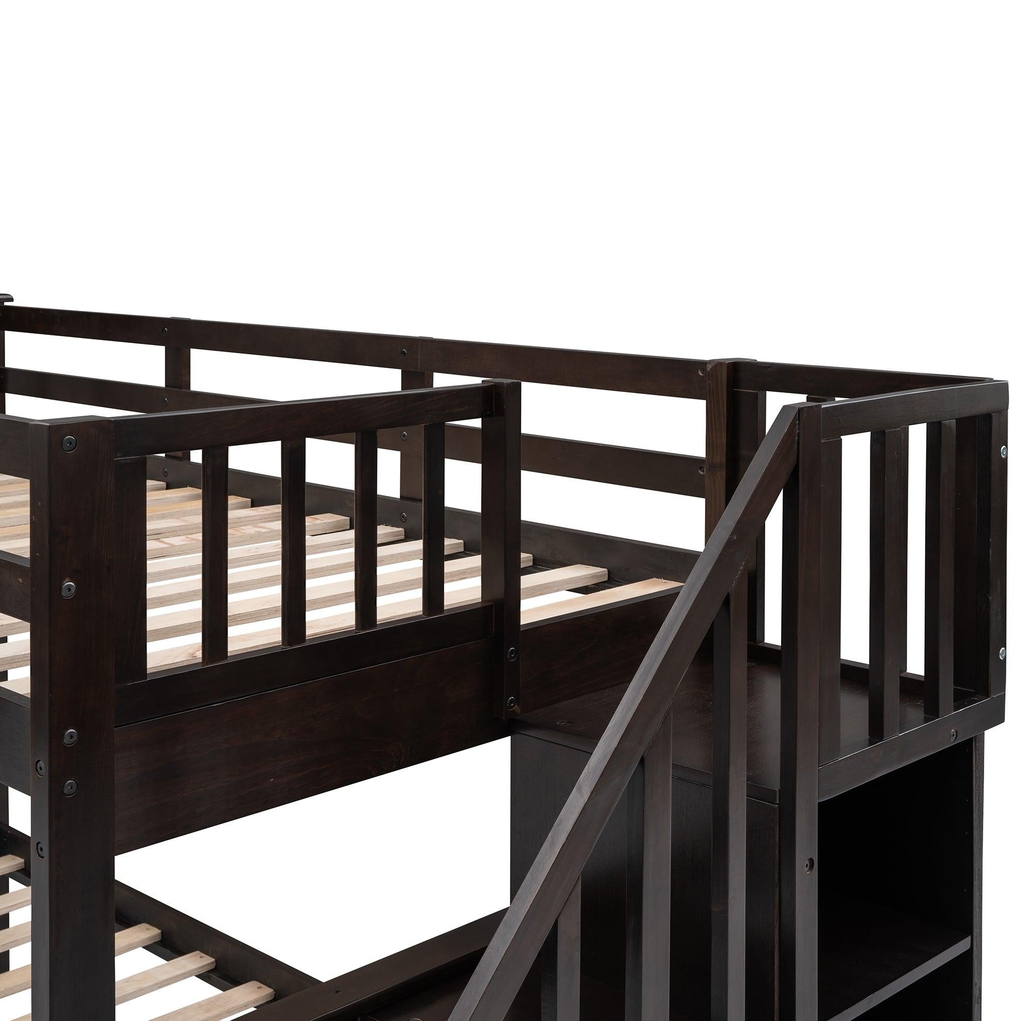 Twin Over Full Bunk Bed with Drawer andStorage Staircase - Espresso