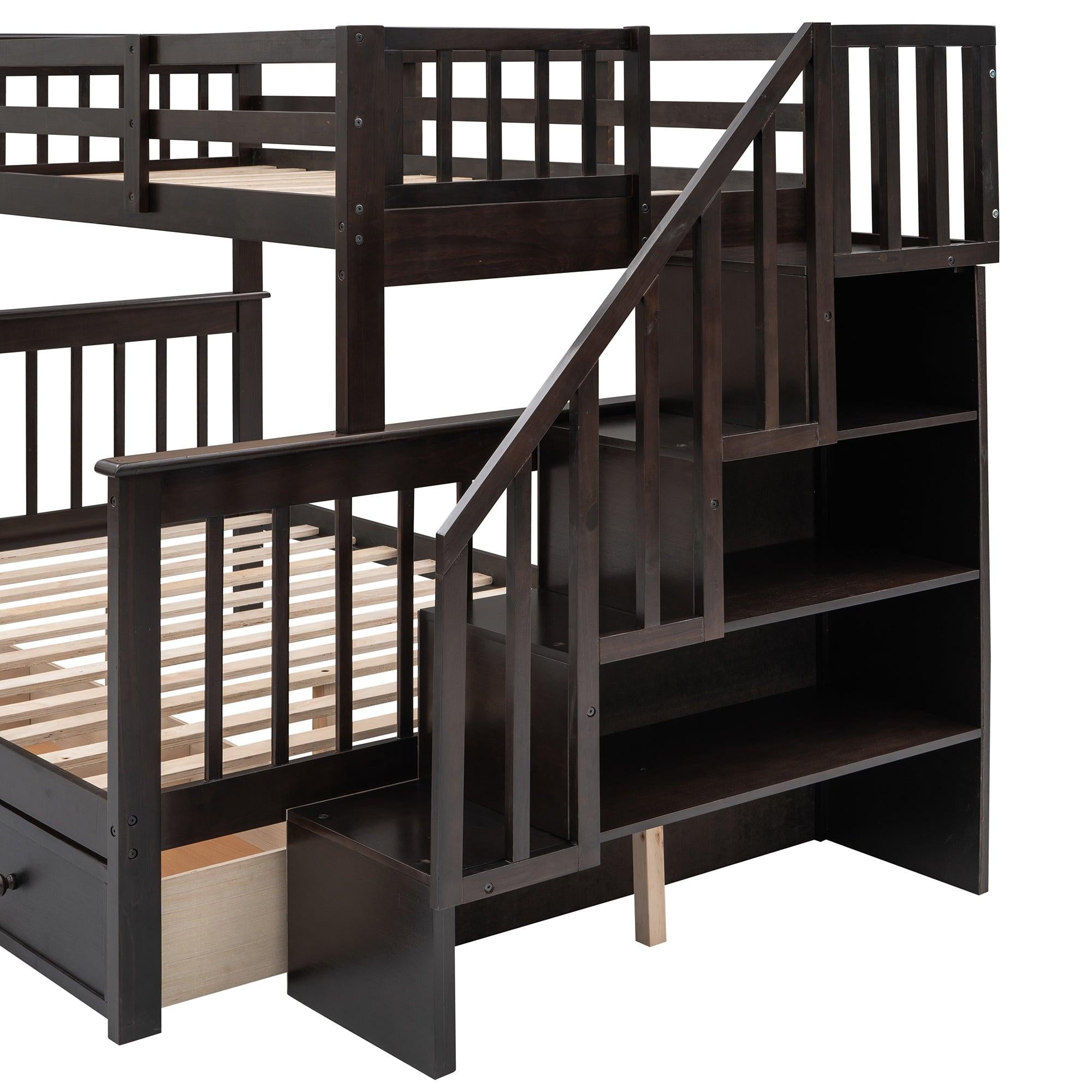 Twin Over Full Bunk Bed with Drawer andStorage Staircase - Espresso