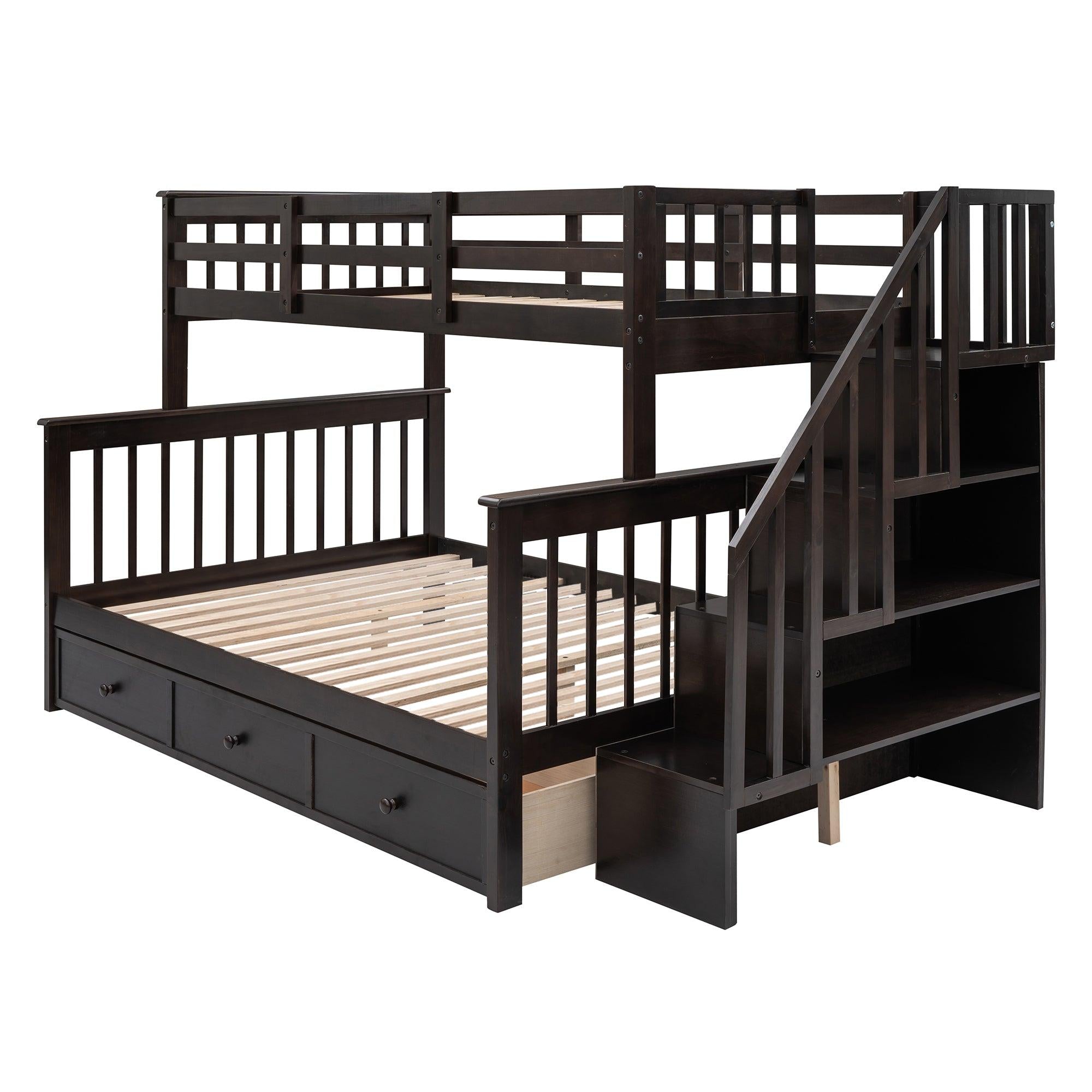 Twin Over Full Bunk Bed with Drawer andStorage Staircase - Espresso