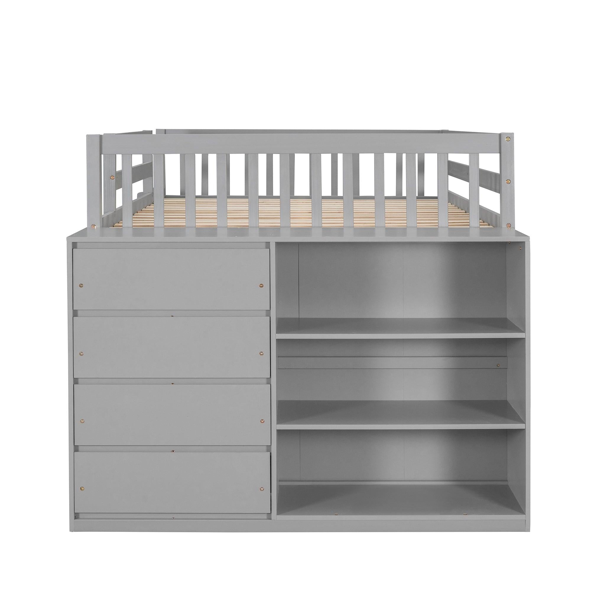 Full over Full Bunk Bed with 4 Drawers and 3 Shelves - Gray