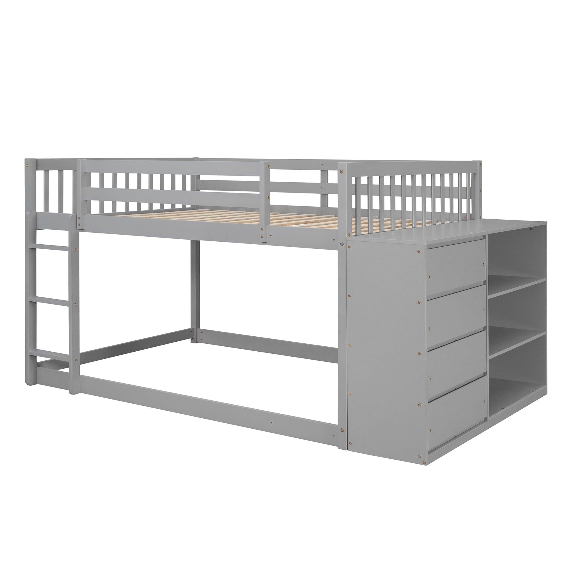 Full over Full Bunk Bed with 4 Drawers and 3 Shelves - Gray